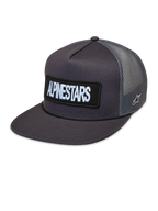 Alpinestars Ten Trucker Hat in dark grey, featuring a flat bill, front embroidered logo patch, and breathable mesh back panels.