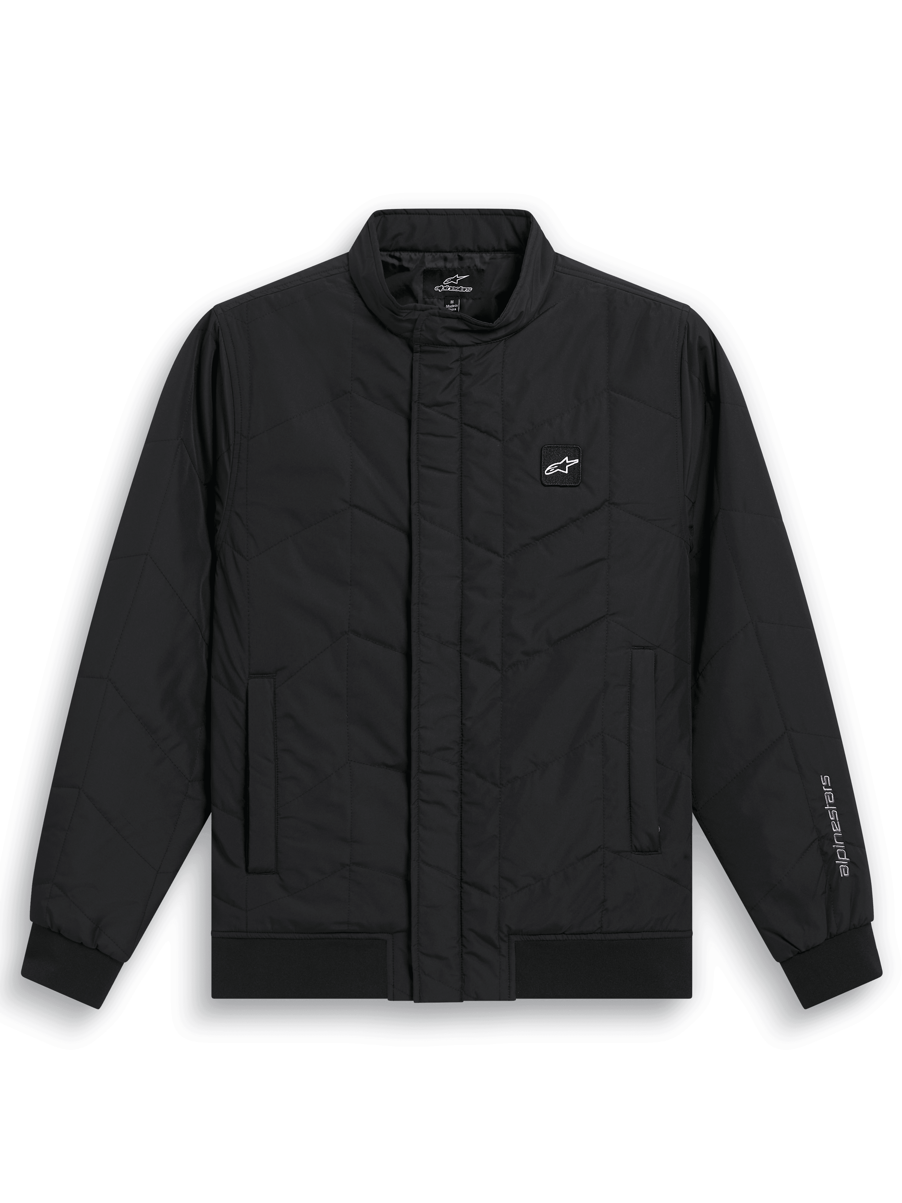 Alpinestars Precedent Jacket, Quilted F1-inspired Sportswear Jacket, Black, featuring an angled quilt pattern, low track collar, rib cuffs and hem, with a small chest logo patch and sleeve embroidery, casual motorsport-inspired design