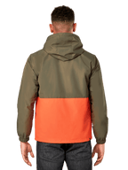 Alpinestars Speeder Windbreaker Jacket, lightweight hooded windbreaker, Military Green and Orange color-blocked design, back view showing hood and elastic cuffs, casual sportswear style