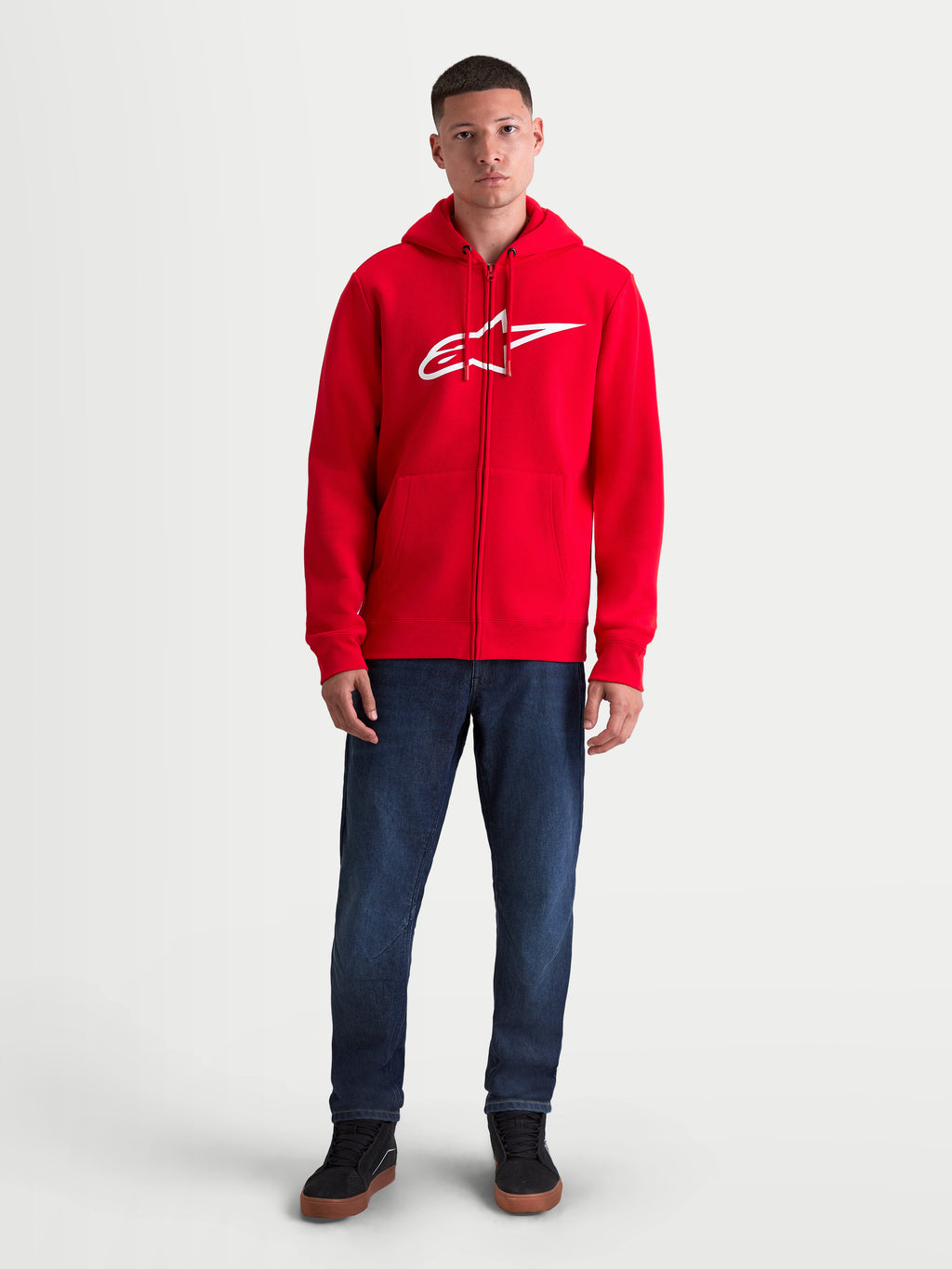 Alpinestars Ageless Zip Hoodie V3, Red and White Men's Sportswear, Full-Zip Hooded Sweatshirt featuring the Astars chest logo, on-model view.