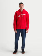 Alpinestars Ageless Zip Hoodie V3, Red and White Men's Sportswear, Full-Zip Hooded Sweatshirt featuring the Astars chest logo, on-model view.