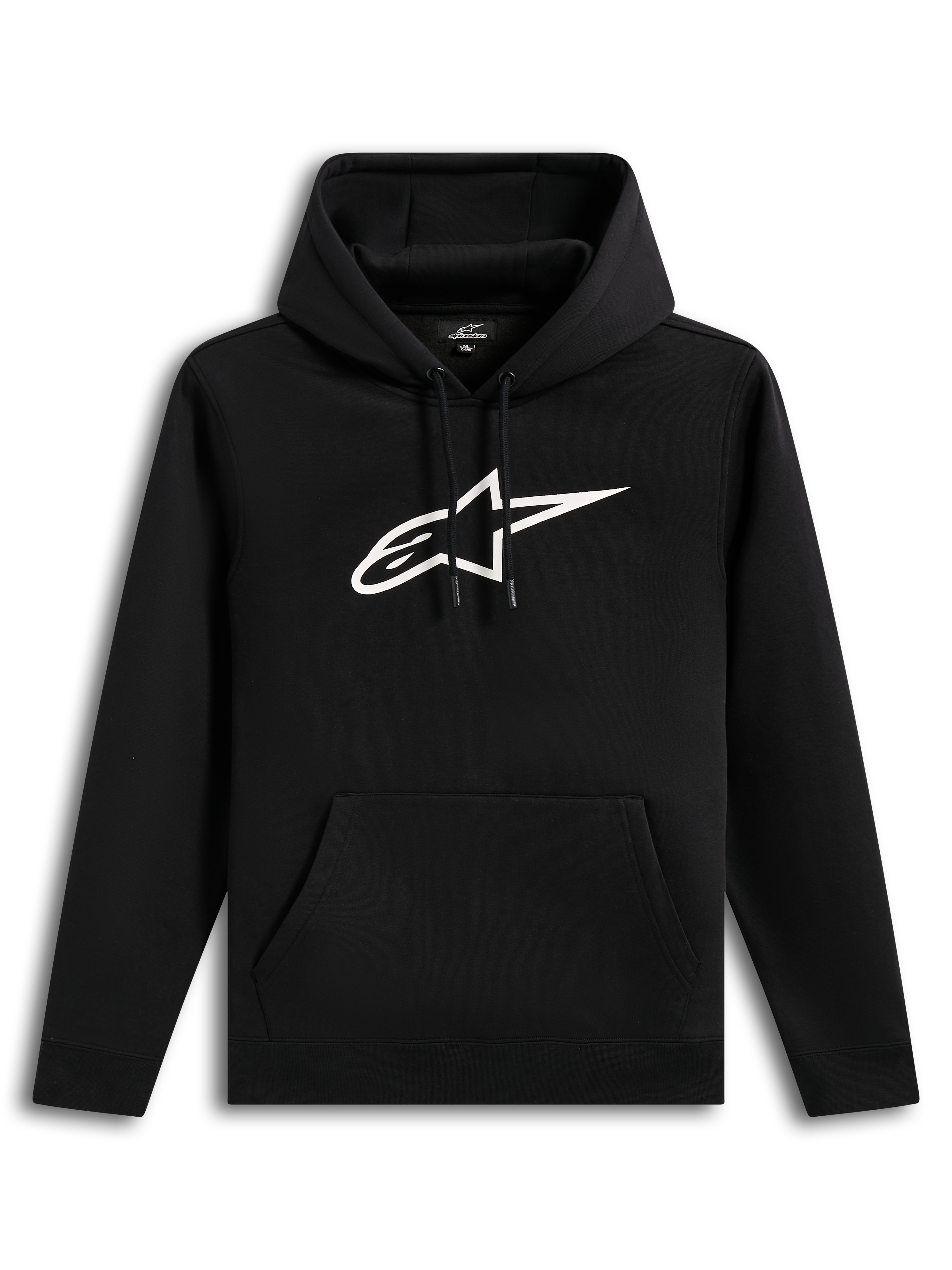 Alpinestars Ageless V3 Hoodie, black sportswear pullover featuring a white embroidered logo and kangaroo pocket.