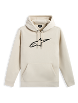 Alpinestars Ageless V3 Hoodie, casual pullover fleece, off-white with black embroidered star logo, drawstring hood, kangaroo pocket, rib cuffs and hem, motorsport-inspired streetwear
