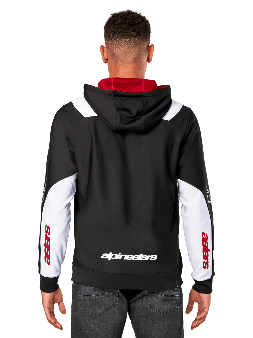 Alpinestars Sessions V3 Hoodie, back view, black with white sleeve panels and red hood lining, featuring white back wordmark and red sleeve branding, casual motorsport-inspired streetwear