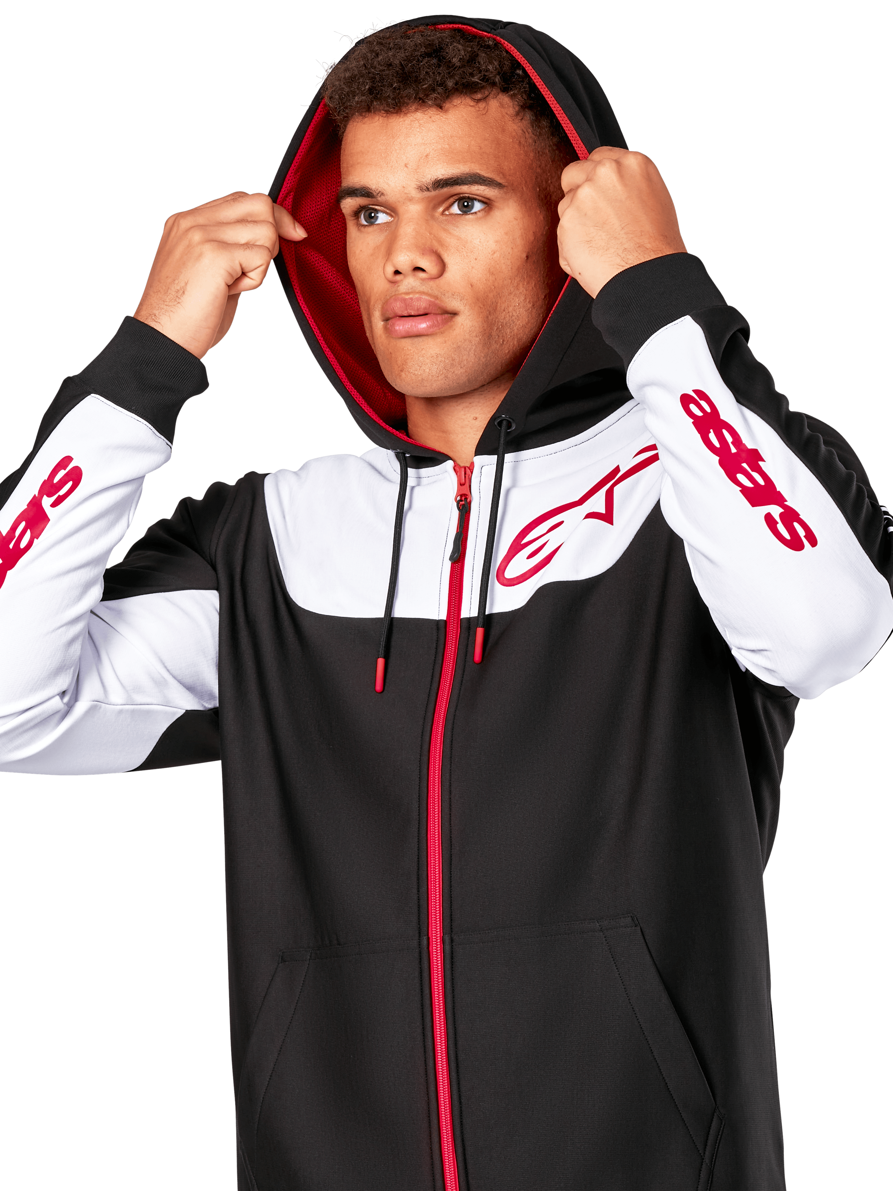 Alpinestars Sessions V3 Hoodie, Black White and Red, zip-front hoodie worn by a man with the hood up, featuring red Alpinestars logos on the chest and sleeves, casual motorsport streetwear