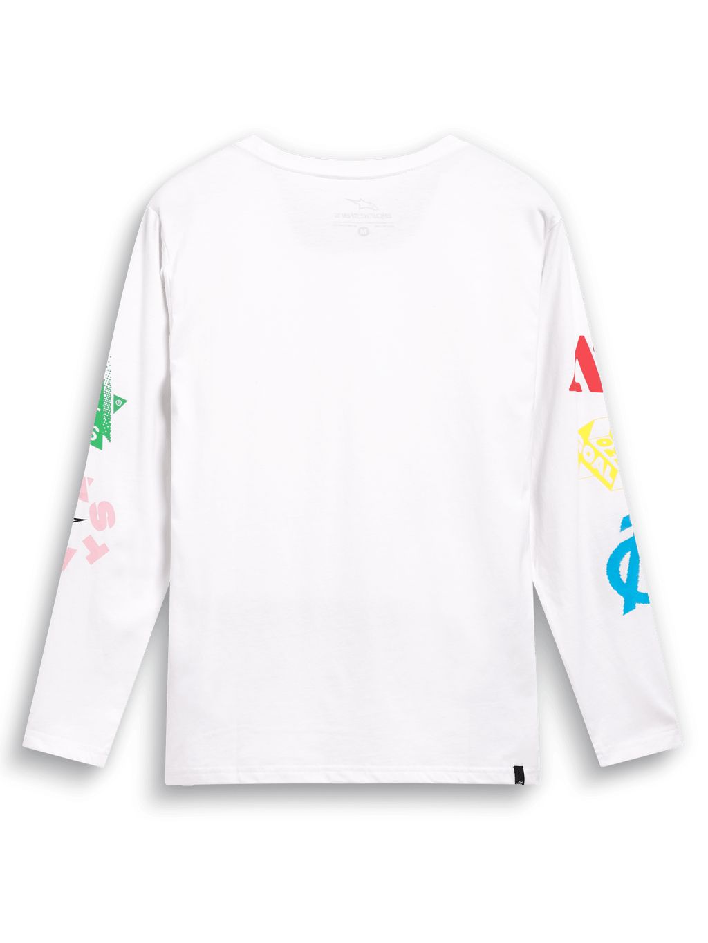 Alpinestars Brundo CSF Tee, Long Sleeve T-Shirt, White, back view featuring colorful multi-mix logo graphics on both sleeves, casual motorsport-inspired streetwear