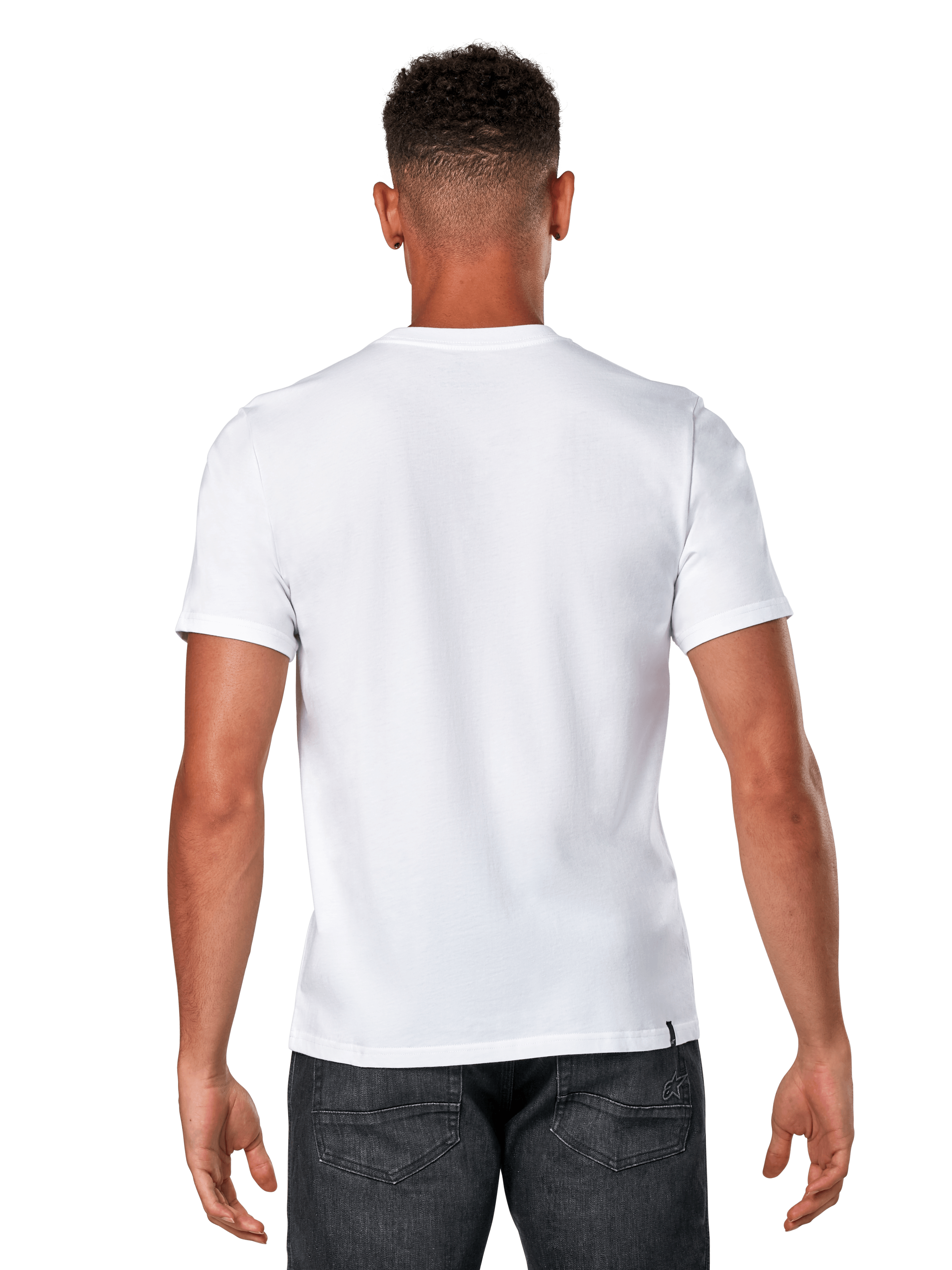 Alpinestars Glyfs CSF Tee, Short Sleeve T-Shirt, White, back view of male model wearing plain white tee and dark denim, casual motorsport streetwear