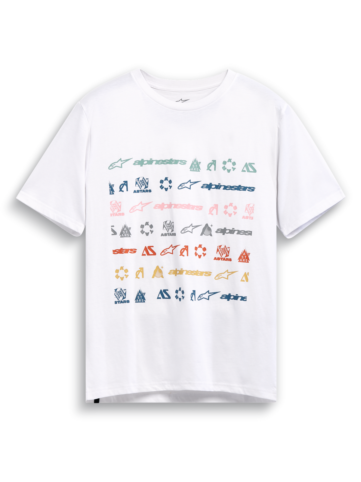 Alpinestars Glyfs CSF Tee, white short-sleeve sportswear t-shirt featuring a multi-logo striped graphic print on the front.