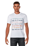 Alpinestars Glyfs CSF Tee, Short Sleeve T-Shirt, White, featuring a multi-logo striped graphic with colorful icons across the front, Casual Motorsport Sportswear