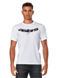 Alpinestars Elliptic CSF Tee, White Short Sleeve T-Shirt worn by model, black arched Astars logo with red star graphic on chest, casual motorsport apparel