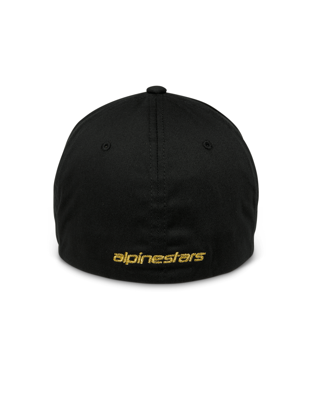 Alpinestars Gild Hat, Black Sportswear Cap, back view with gold metallic flat Alpinestars embroidery, closed flex back design, structured crown, casual motorsport-inspired headwear