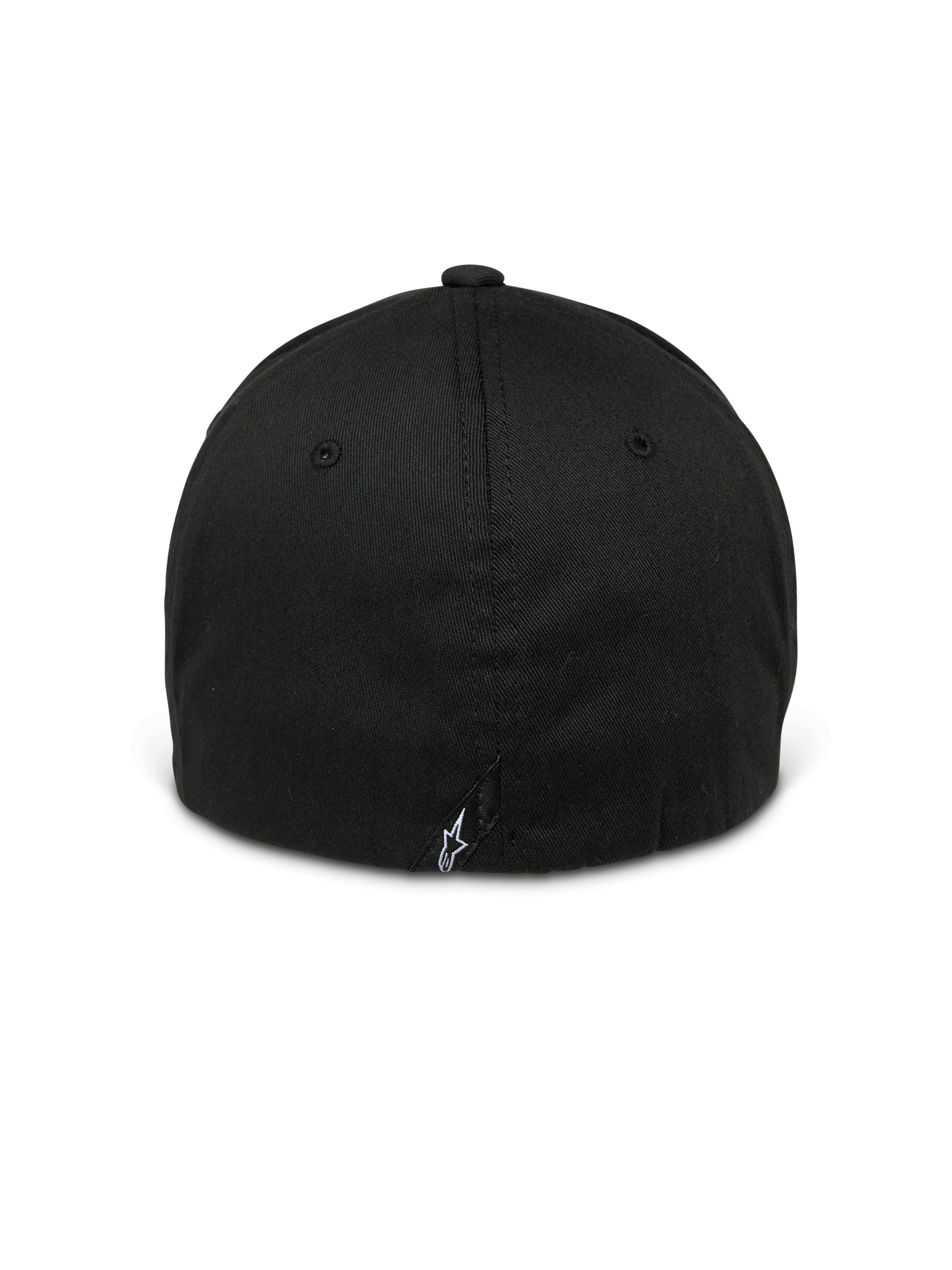 Alpinestars Arcstars Hat, Black, back view of a flex-back baseball cap, featuring a small white Astars logo on a back label, structured crown with tonal eyelets, casual motorsport-inspired headwear