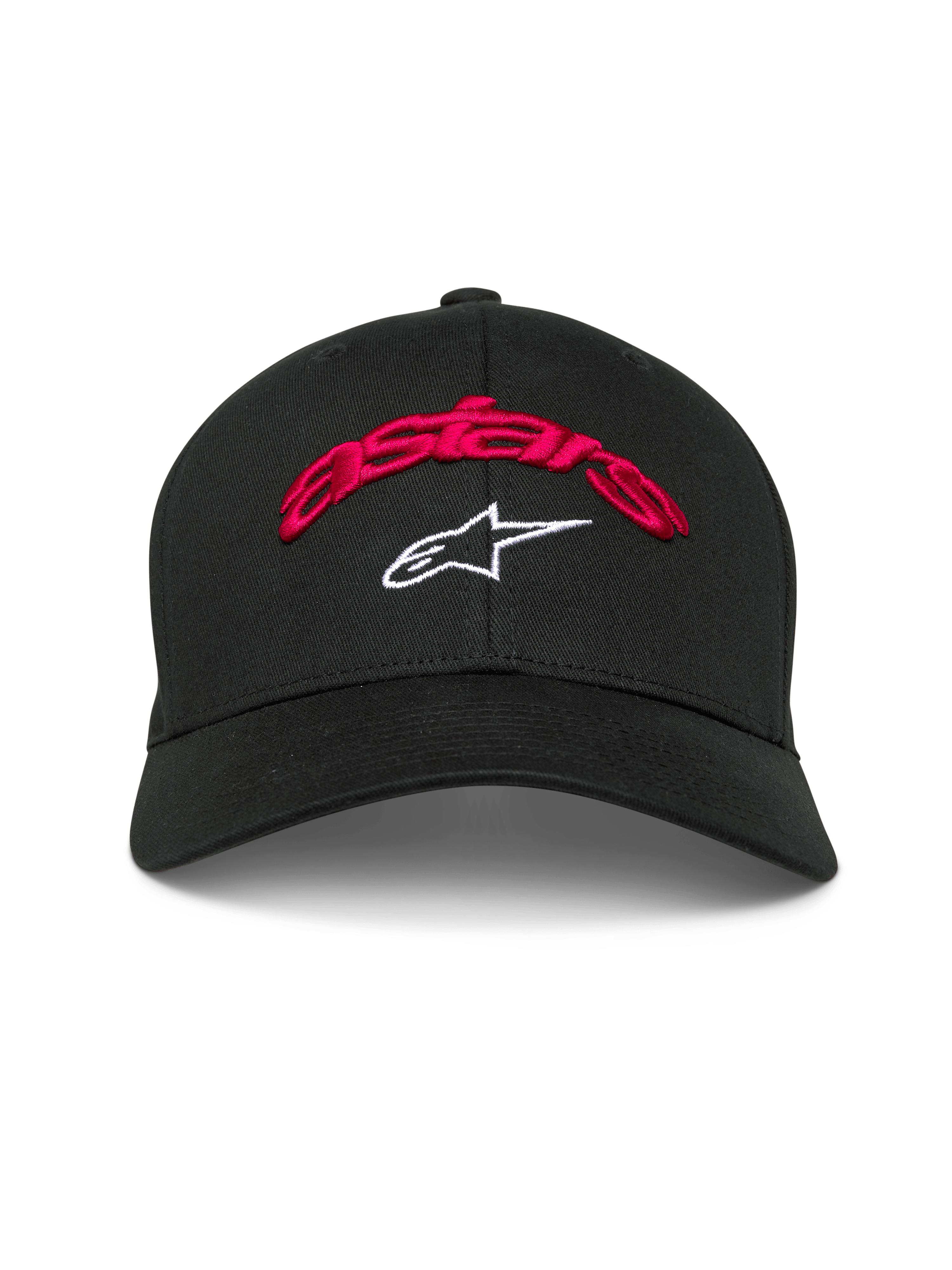 Alpinestars Arcstars Hat, Black Baseball Cap, Red 3D Embroidered astars script and White Star logo, Curved Bill, Structured Crown, Casual Motorsport Headwear