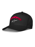 Alpinestars Arcstars Hat, Black Baseball Cap featuring Red 3D Embroidered Astars Script and White Star Logo, Curved Bill, Structured Crown, Casual Motorsport Sportswear