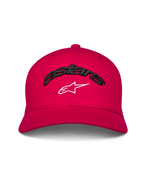 Alpinestars Arcstars Hat, curved bill baseball cap, Red, black 3D embroidered Astars text with white star logo, structured crown, casual motorsport-inspired headwear