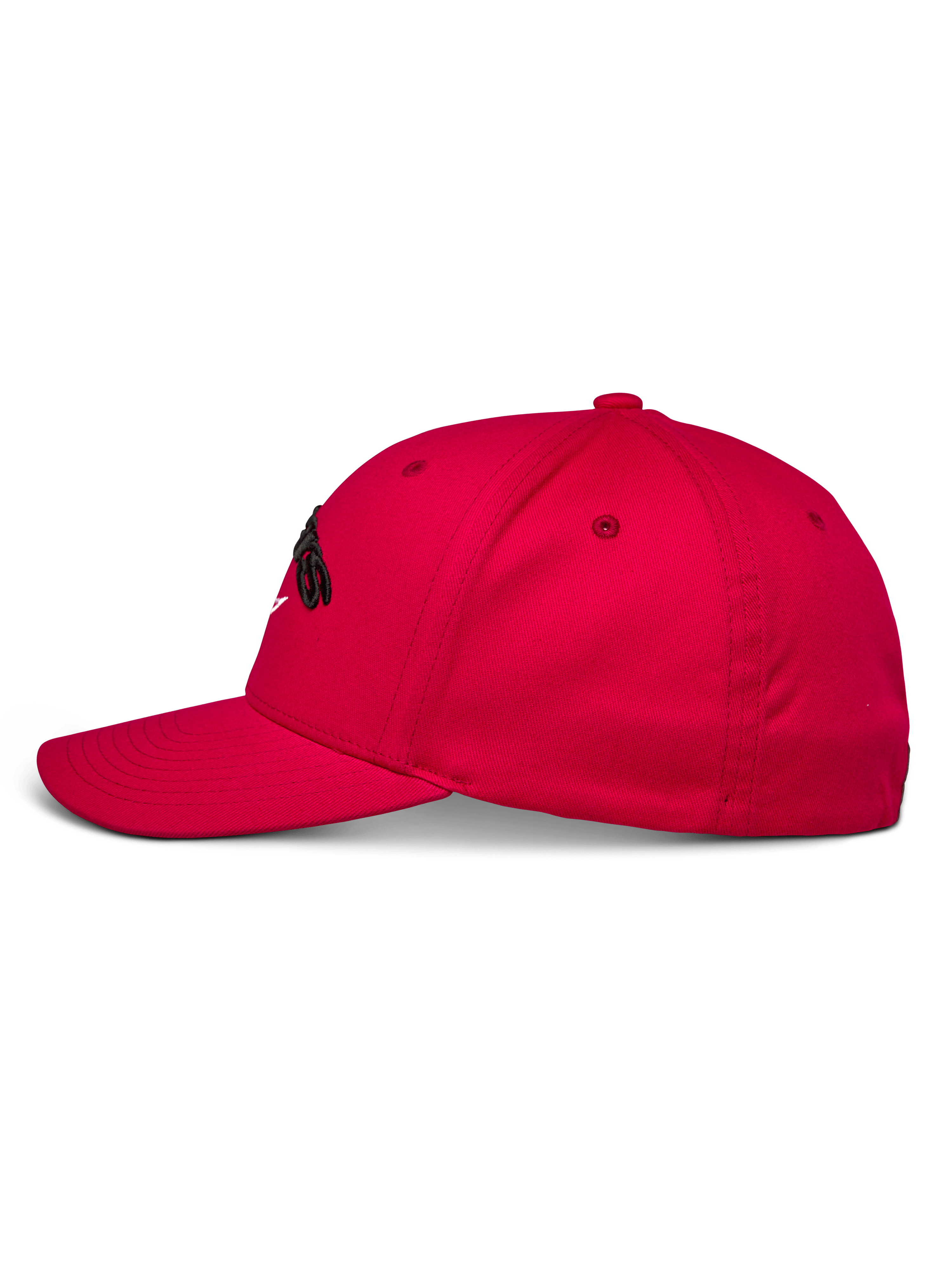 Alpinestars Arcstars Hat, Red Baseball Cap, side profile view, structured crown with curved bill, black 3D Astars embroidery, casual motorsport sportswear