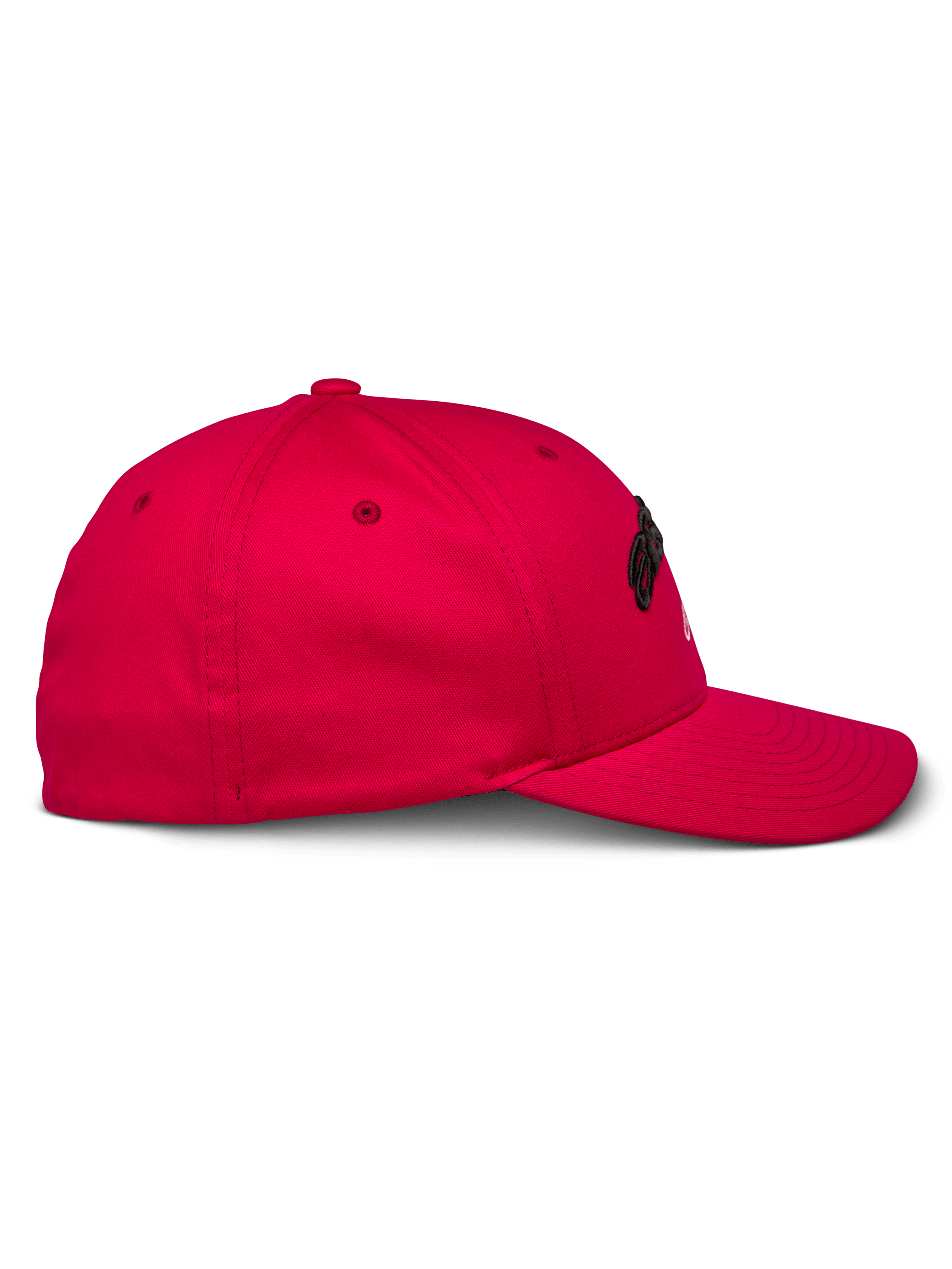 Alpinestars Arcstars Hat, Red, Side View, Structured Baseball Cap with Curved Bill, Stretch Twill Fabric, Black 3D Embroidery, Casual Sportswear
