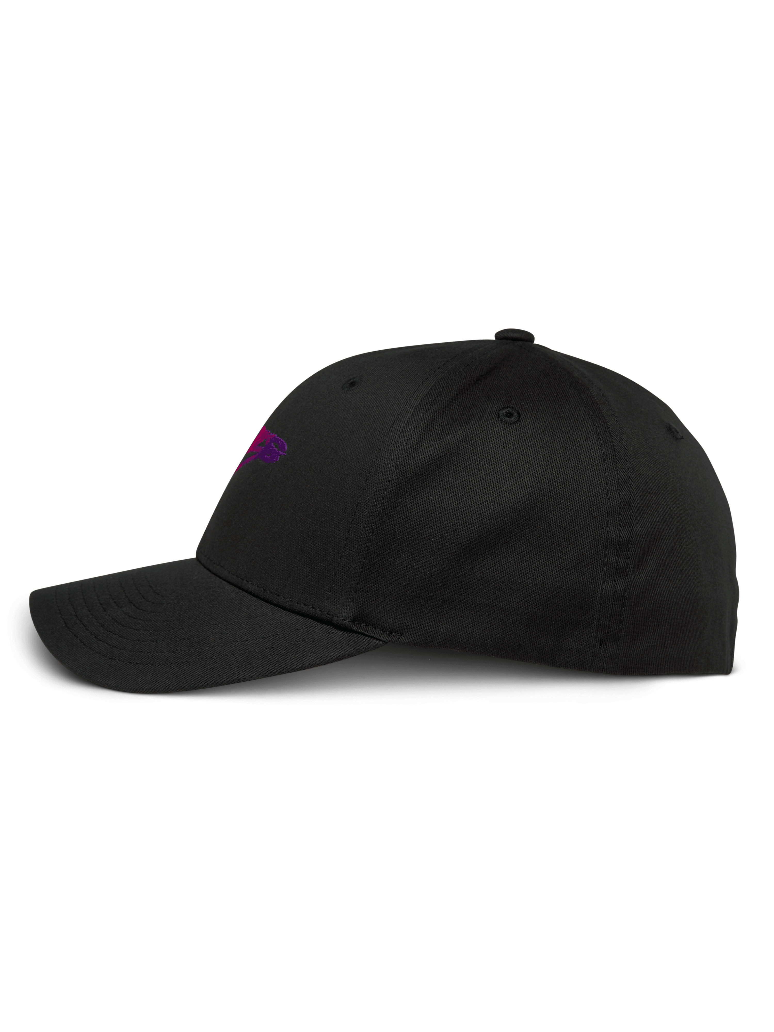 Alpinestars Setting Hat, Black, side profile view, curved bill with structured crown, purple 3D gradation embroidery logo, stretch twill casual baseball cap