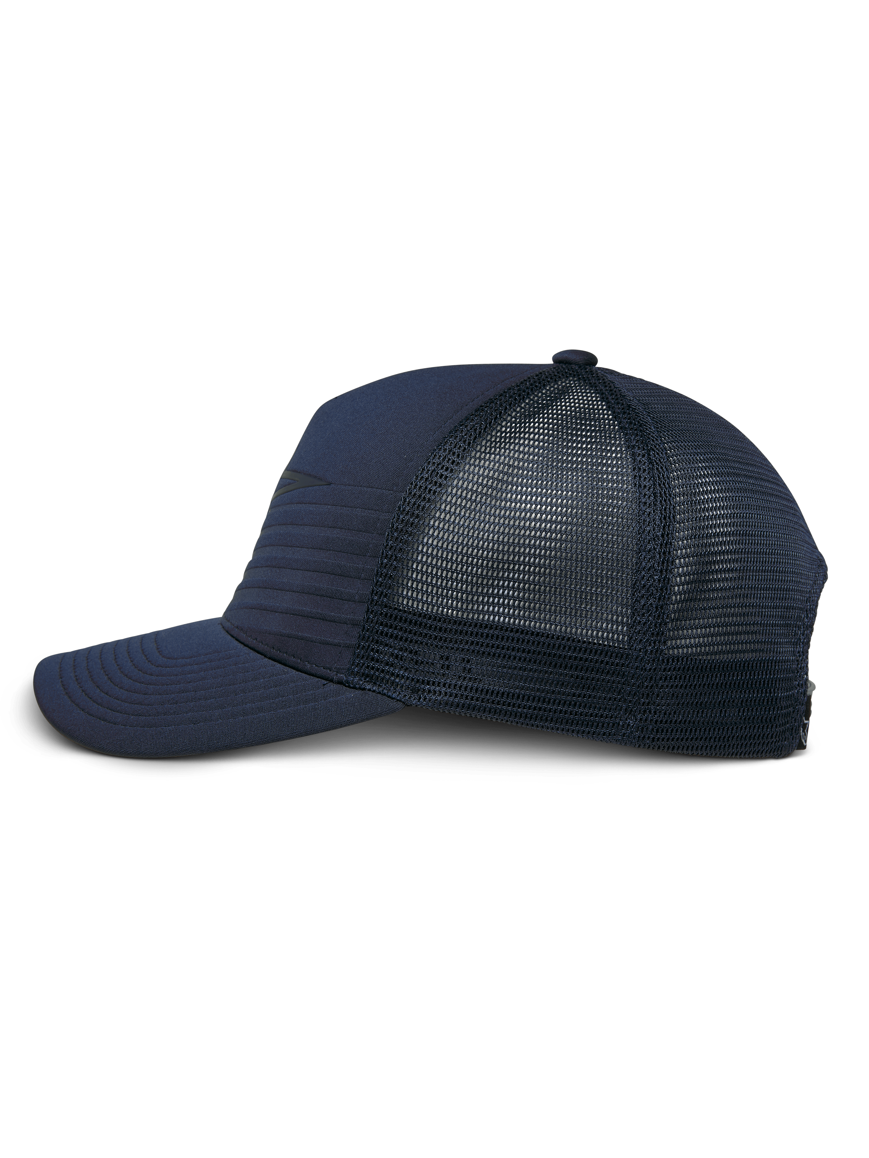 Alpinestars Delane Hat, Navy Blue, side profile of a structured baseball-style cap with a curved bill, featuring a hybrid jersey front with horizontal stitching and a diamond mesh back, casual performance sportswear.