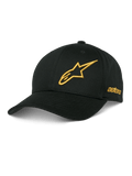 Alpinestars Sessionized Hat, Black Baseball Cap, Gold 3D Embroidered Star Logo, Curved Brim, side astars embroidery, Casual Motorsport Headwear