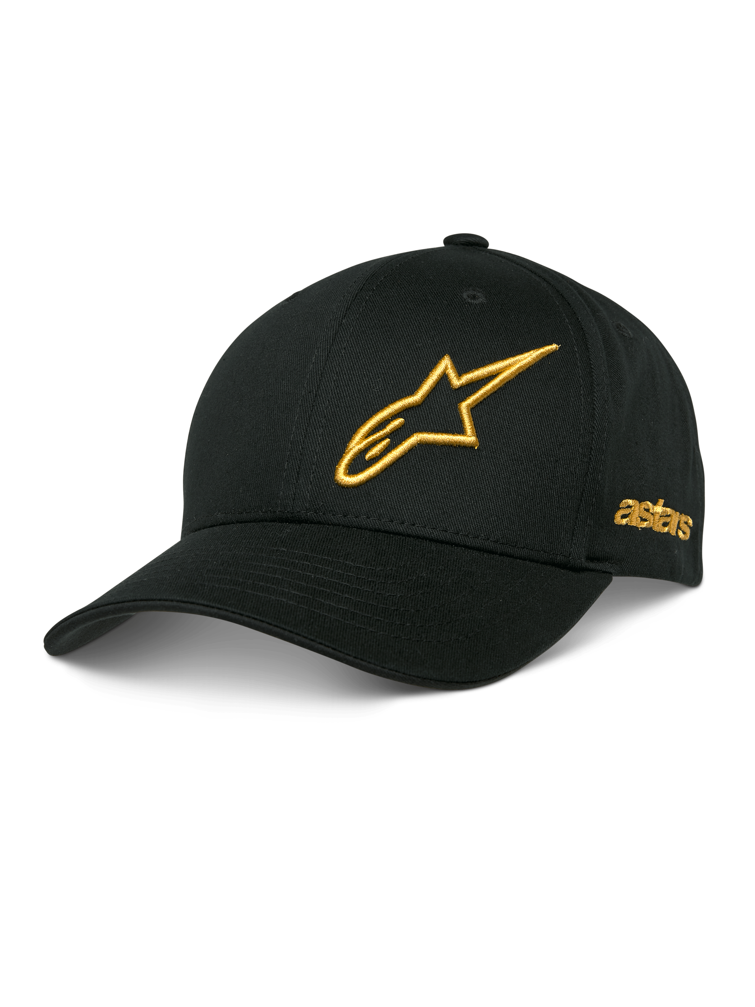 Alpinestars Sessionized Hat, Black Baseball Cap, Gold 3D Embroidered Star Logo, Curved Brim, side astars embroidery, Casual Motorsport Headwear