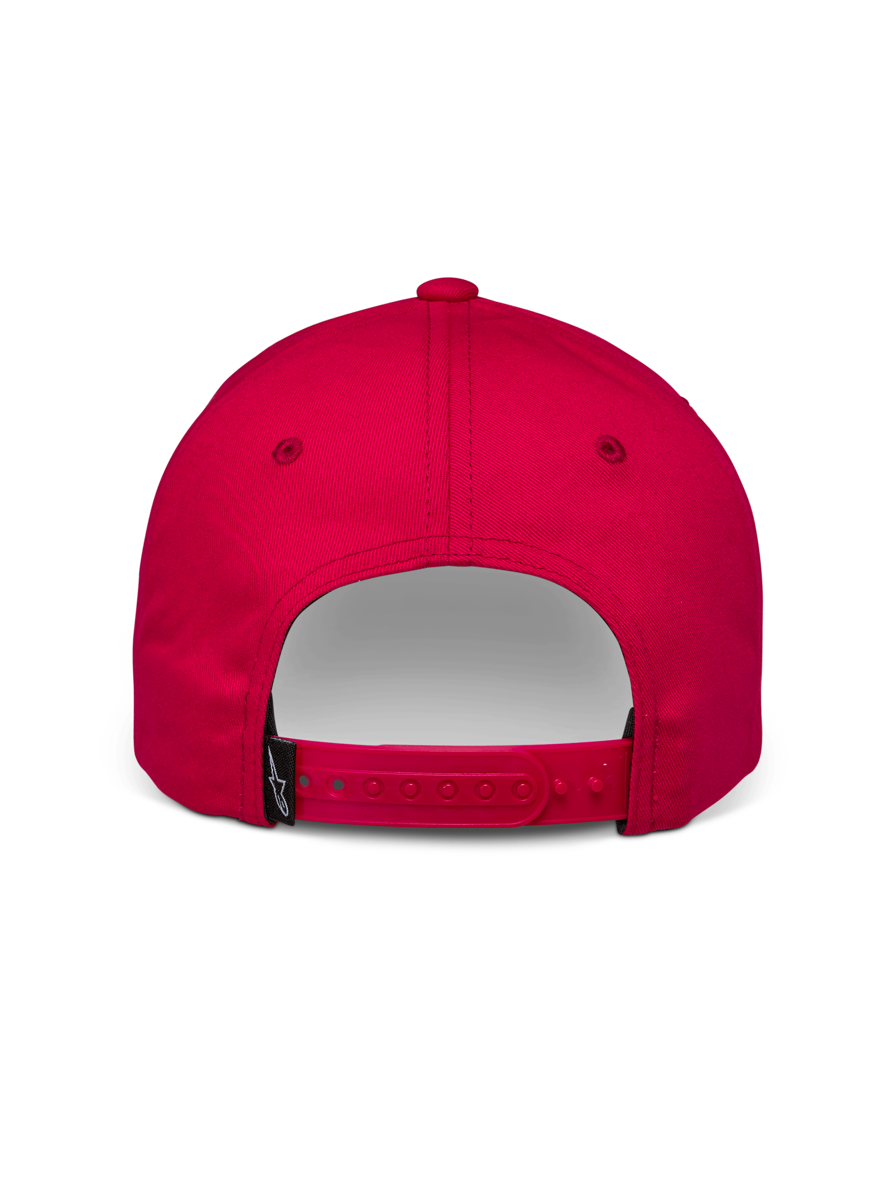 Alpinestars Profile Hat, Red Snapback Cap, Back View showing adjustable strap and small black Alpinestars logo tag, Cotton Twill, Casual Motorsport Accessory
