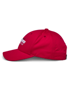 Alpinestars Profile Hat, Red side profile, structured crown with curved bill, 100% cotton twill, white and black embroidered logo, casual motorsport headwear