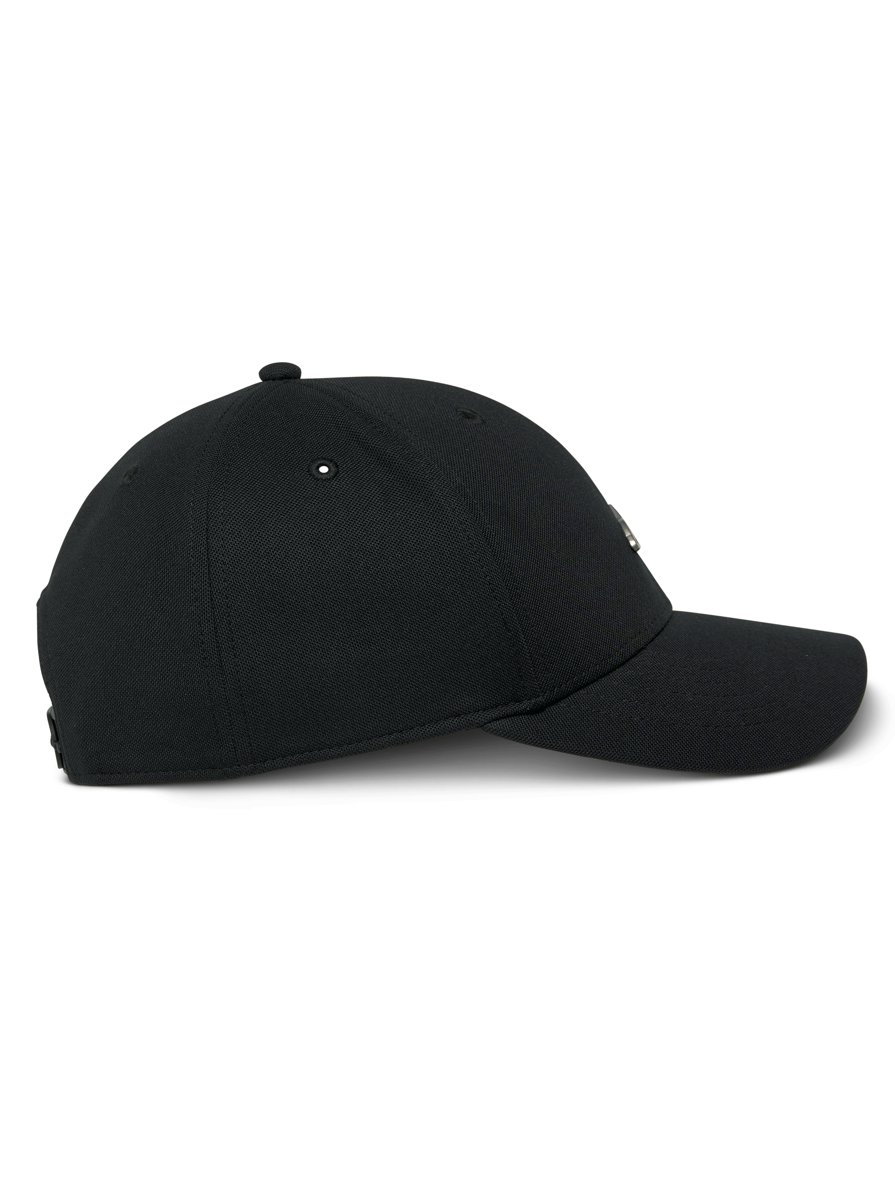 Alpinestars Metal Logo Hat, Black, side profile view of a curved bill snapback cap, structured crown with mini pique fabric and 3D molded metal logo badge, casual motorsport streetwear