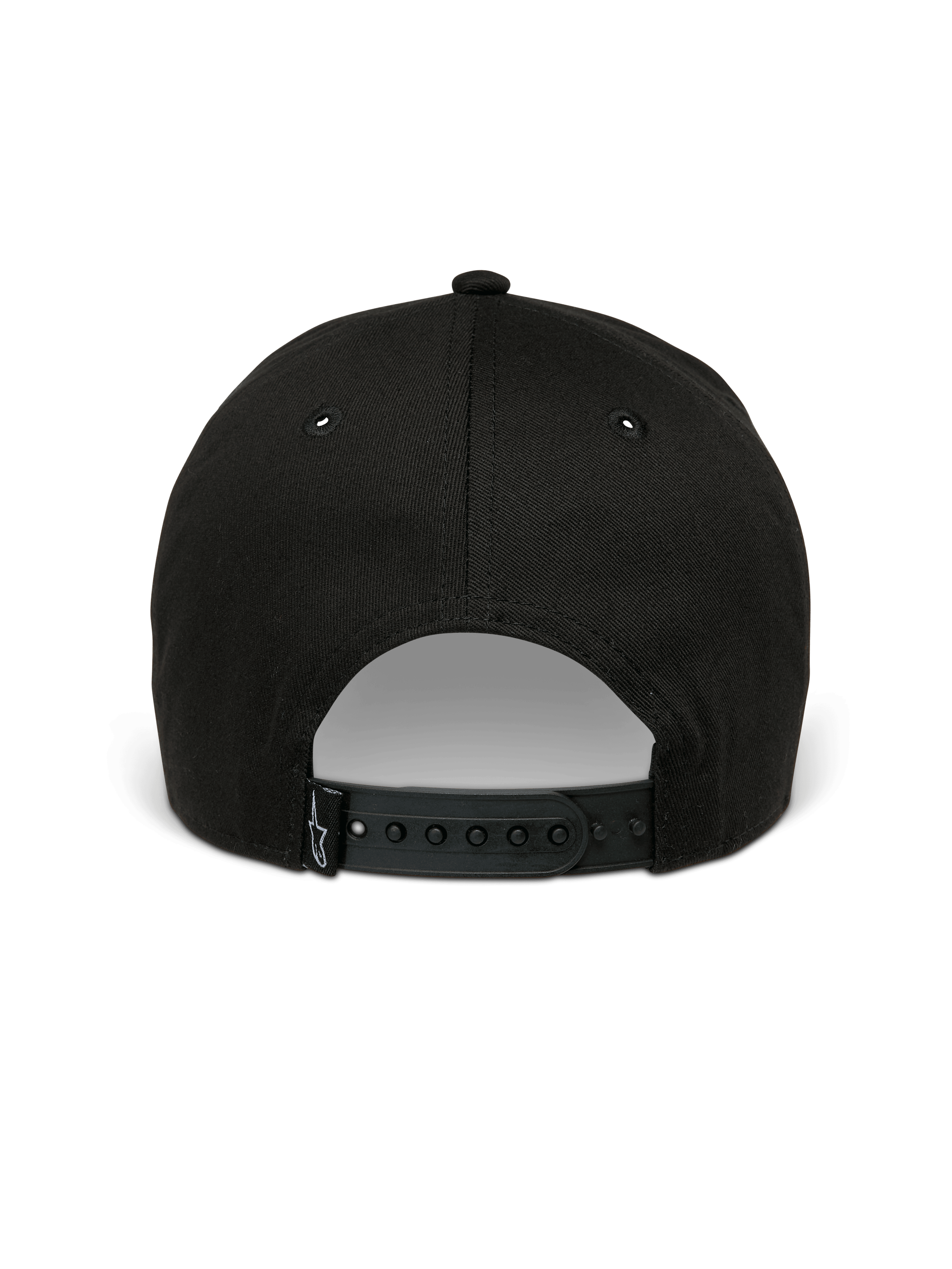Alpinestars Canyon Hat, Black Snapback Hat, back view featuring adjustable snap closure and small woven Astars logo label, 100% cotton twill material, casual motorsport-inspired headwear
