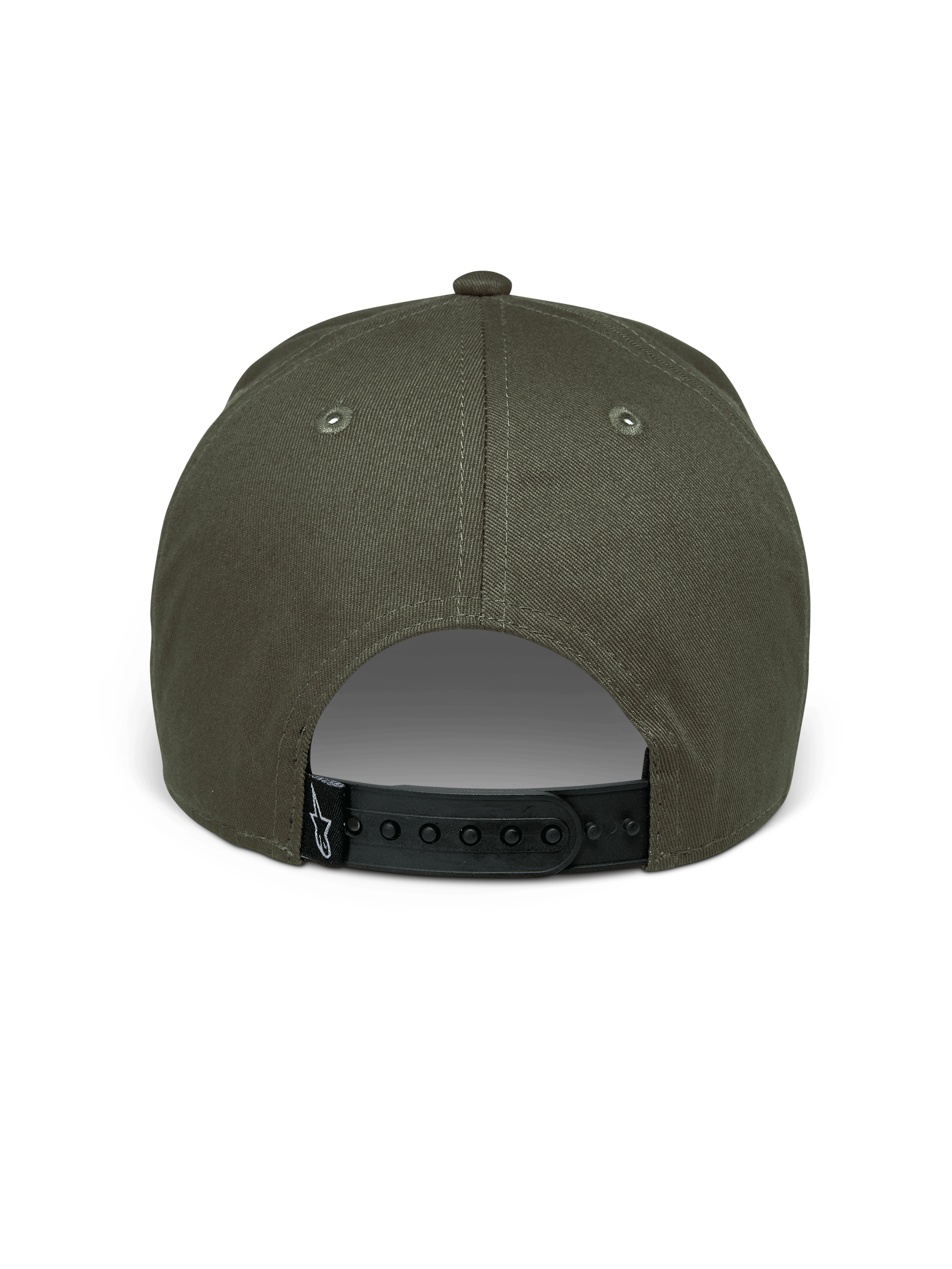 Alpinestars Canyon Hat, Military Green, back view showing adjustable black snapback closure, structured crown in cotton twill fabric, small black woven label with white Astars logo, casual motorsport headwear