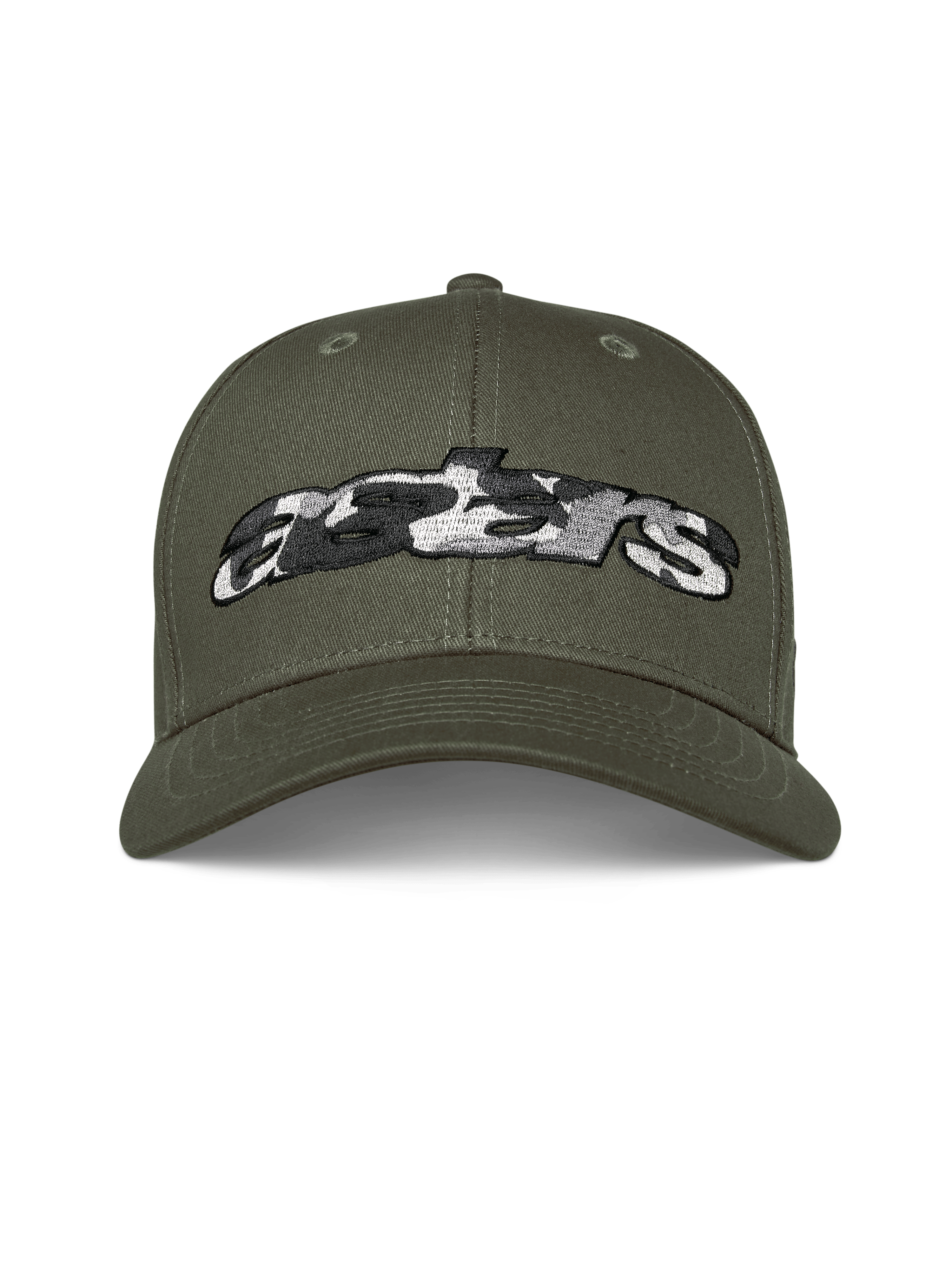 Alpinestars Canyon Hat, Military Green, Curved Bill Snapback Cap, front embroidered Astars logo with camo fill, casual motorsport streetwear