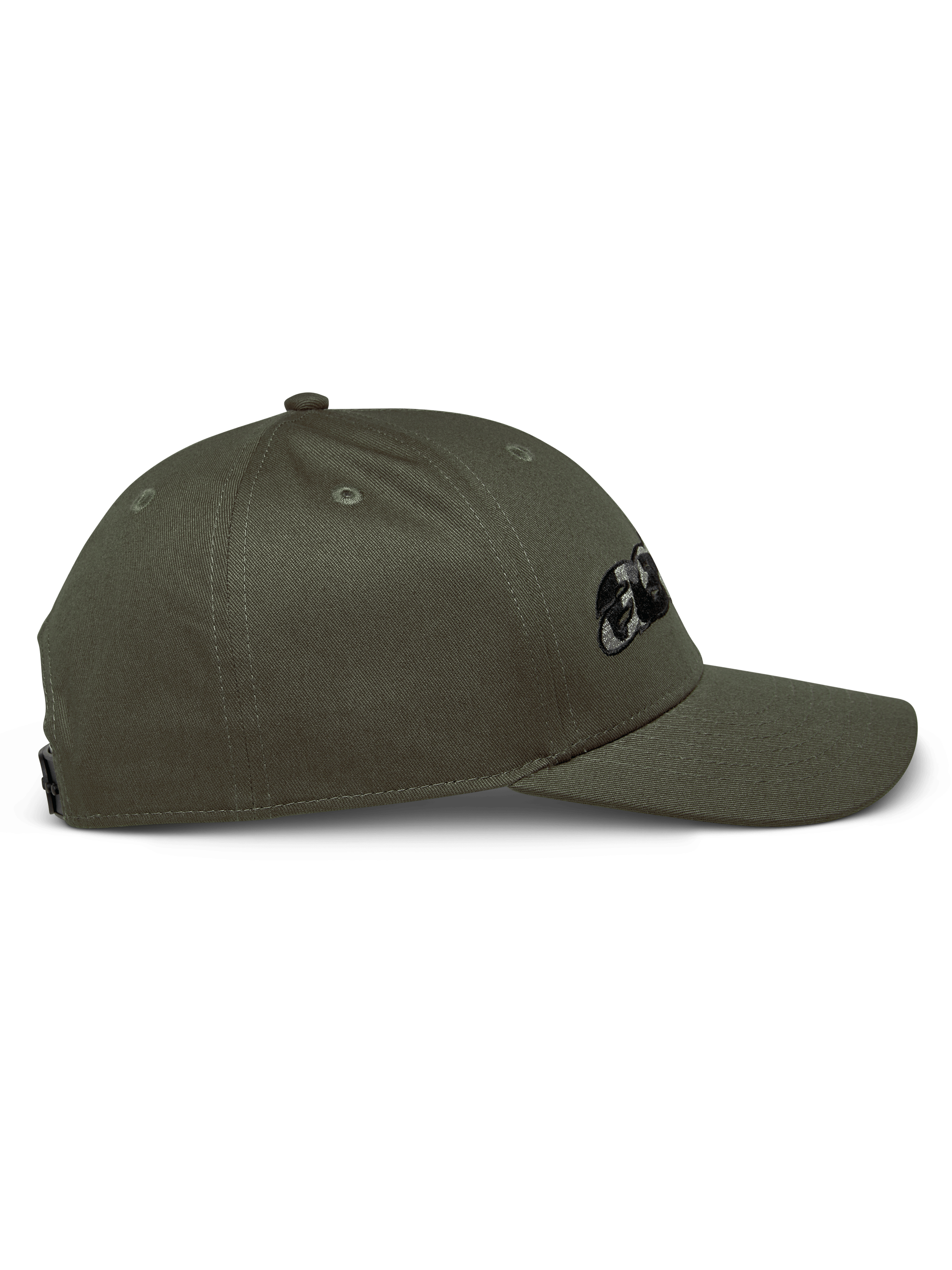 Alpinestars Canyon Hat, side view, Military Green, structured crown with curved bill, featuring embroidered Astars logo with camouflage fill, casual motorsport-inspired streetwear