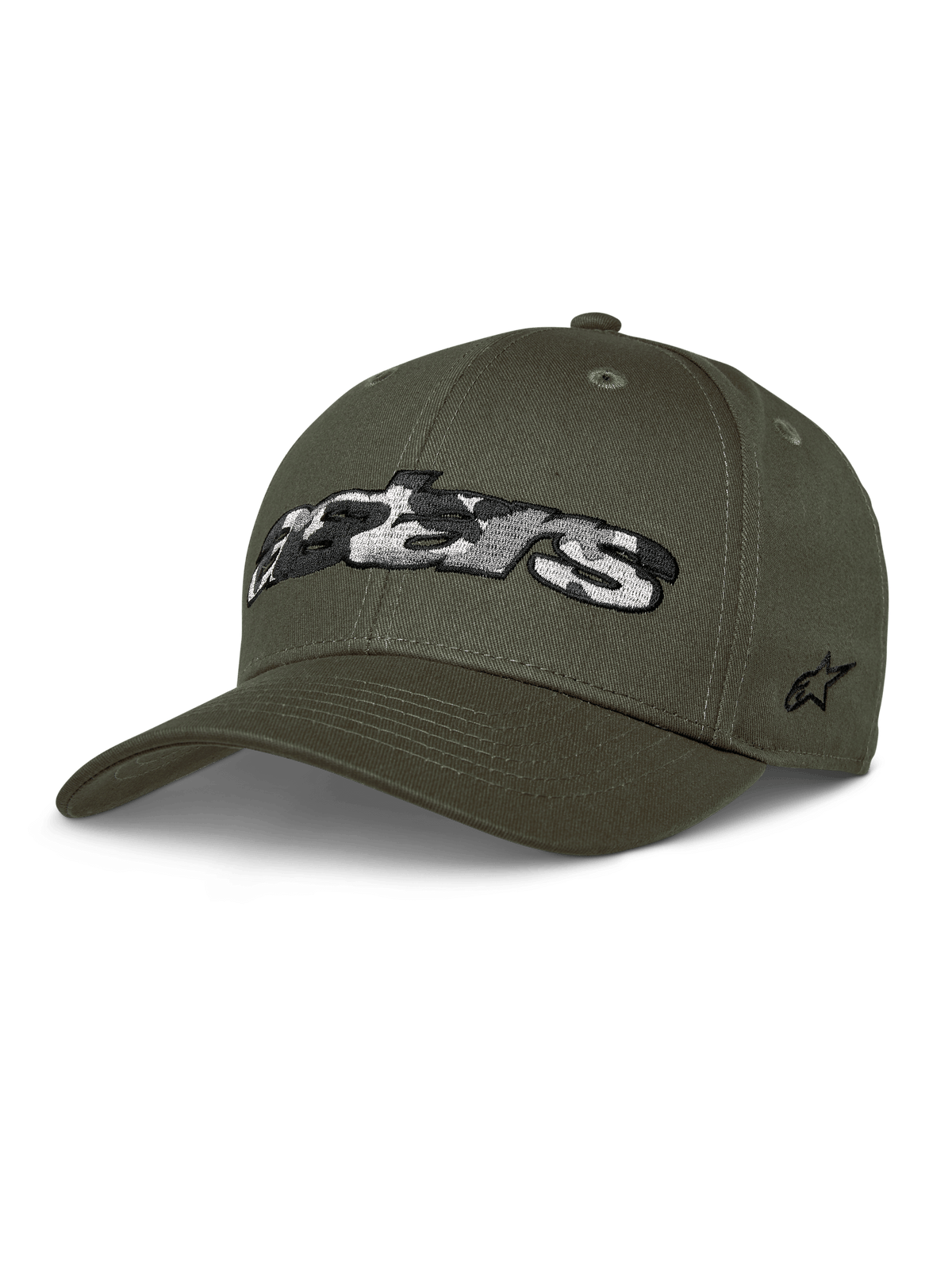 Alpinestars Canyon Hat, Military Green Baseball Cap, Structured Crown with Curved Bill, Large Astars Logo with Camouflage Fill on Front, Side Star Embroidery, Casual Motorsport Style