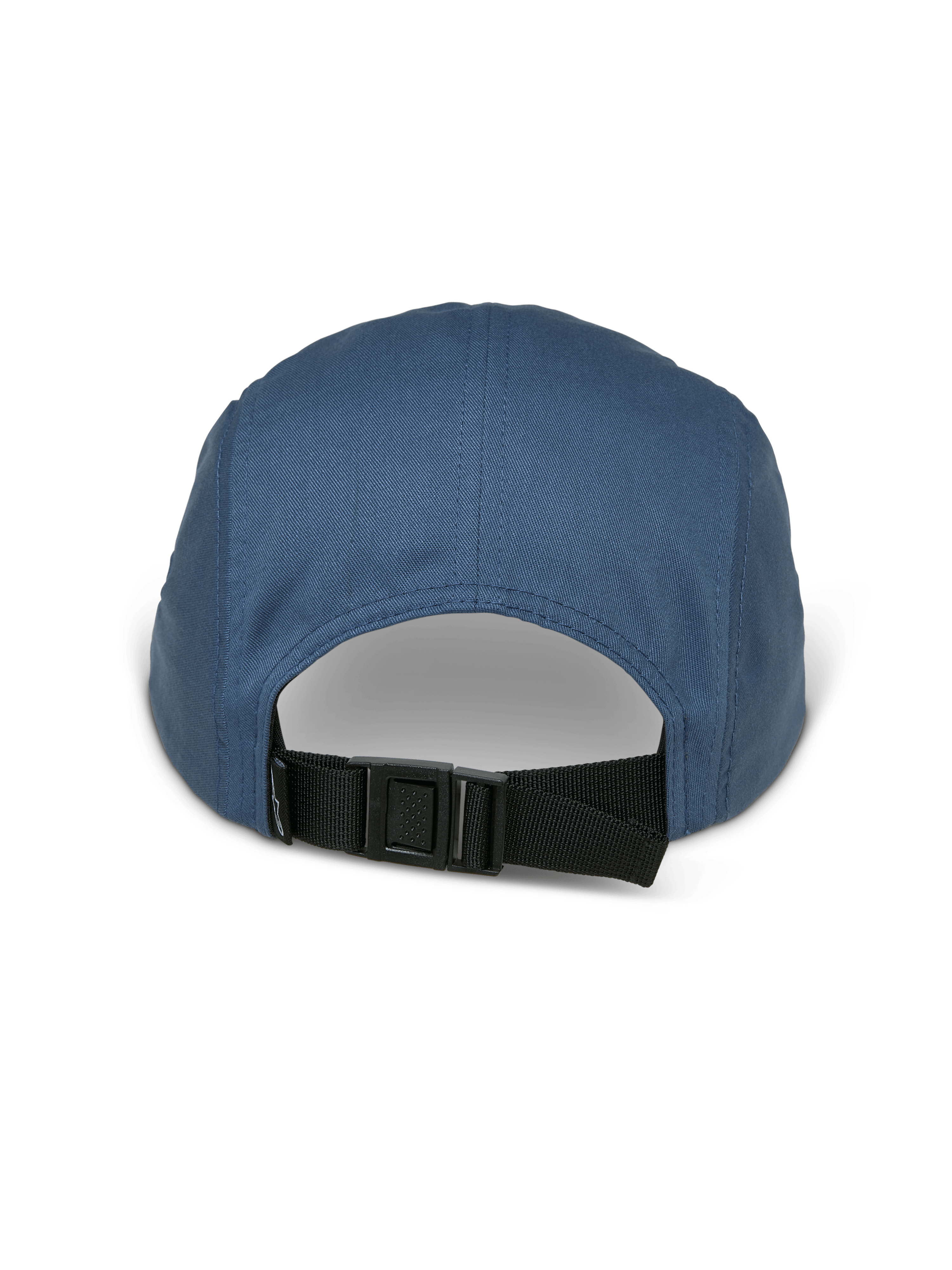 Alpinestars Peasy Hat, 5-panel jockey hat, Blue, back view showing adjustable black clip buckle strap and unstructured crown, twill fabric, casual motorsport-inspired streetwear