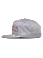 Alpinestars Glphy Hat, Gray snapback hat, side view, flat bill with white rope trim, featuring multi-colored logo print on the front and white embroidered logo on the side, casual motorsport streetwear