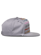 Alpinestars Glphy Hat, Gray, Flat Bill Snapback with multi-colored logo print, white rope trim at the bill, structured crown, casual motorsport-inspired headwear