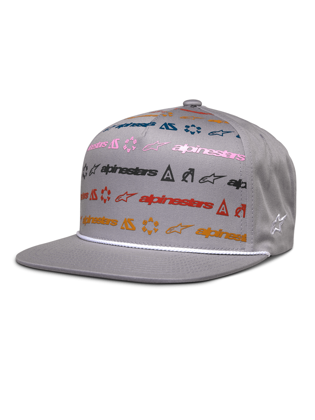 Alpinestars Glphy Hat, gray flat-bill snapback cap, colorful multi-logo print design in pink, blue, red, and orange, white rope trim above the brim, structured crown with embroidered side star logo