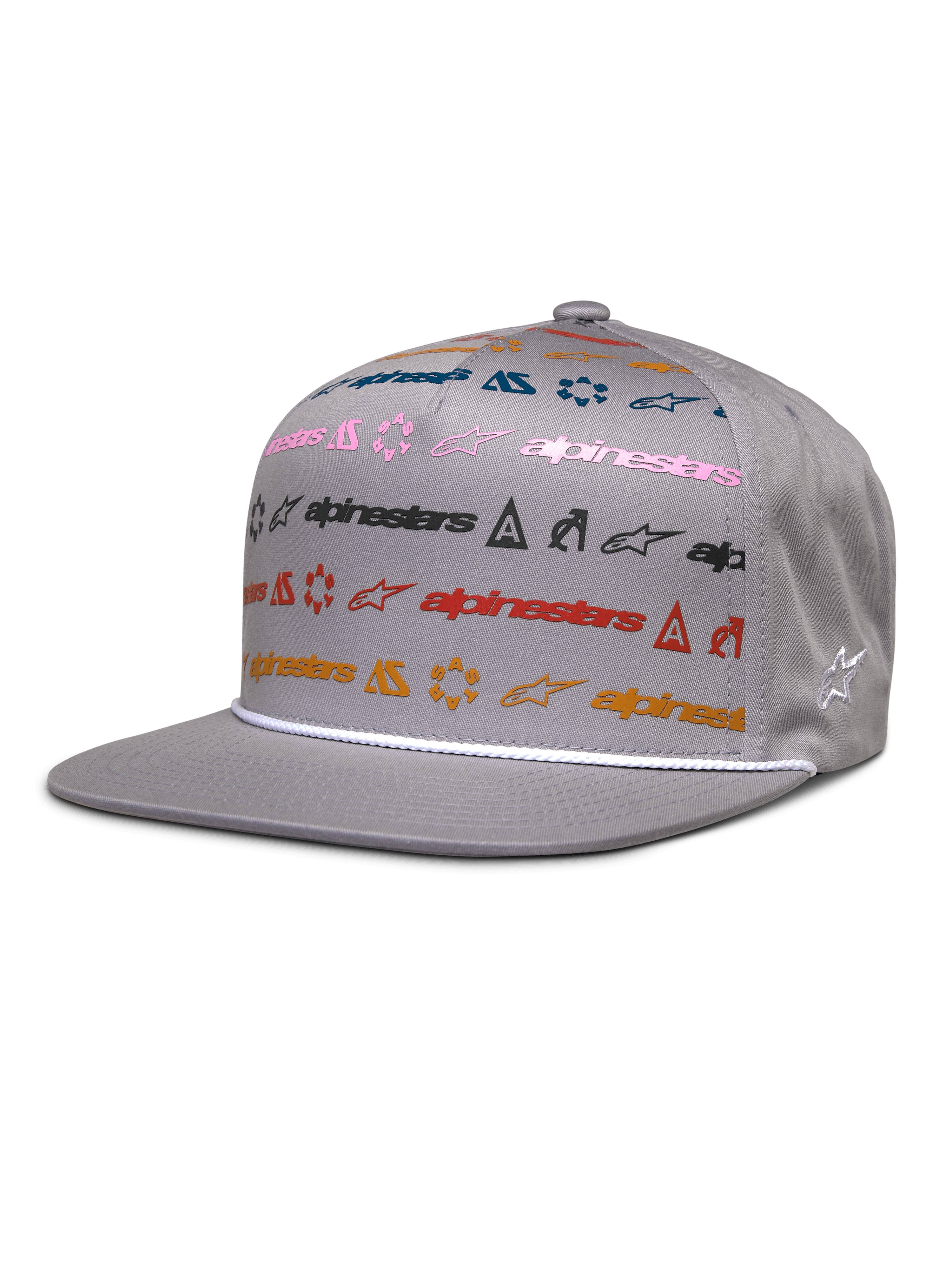 Alpinestars Glphy Hat, gray flat-bill snapback cap, colorful multi-logo print design in pink, blue, red, and orange, white rope trim above the brim, structured crown with embroidered side star logo