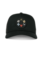 Alpinestars Gambit Trucker Hat, Black, front view featuring a circular embroidered patch with colorful ASTARS lettering, curved bill and mesh back, casual motorsport-inspired headwear