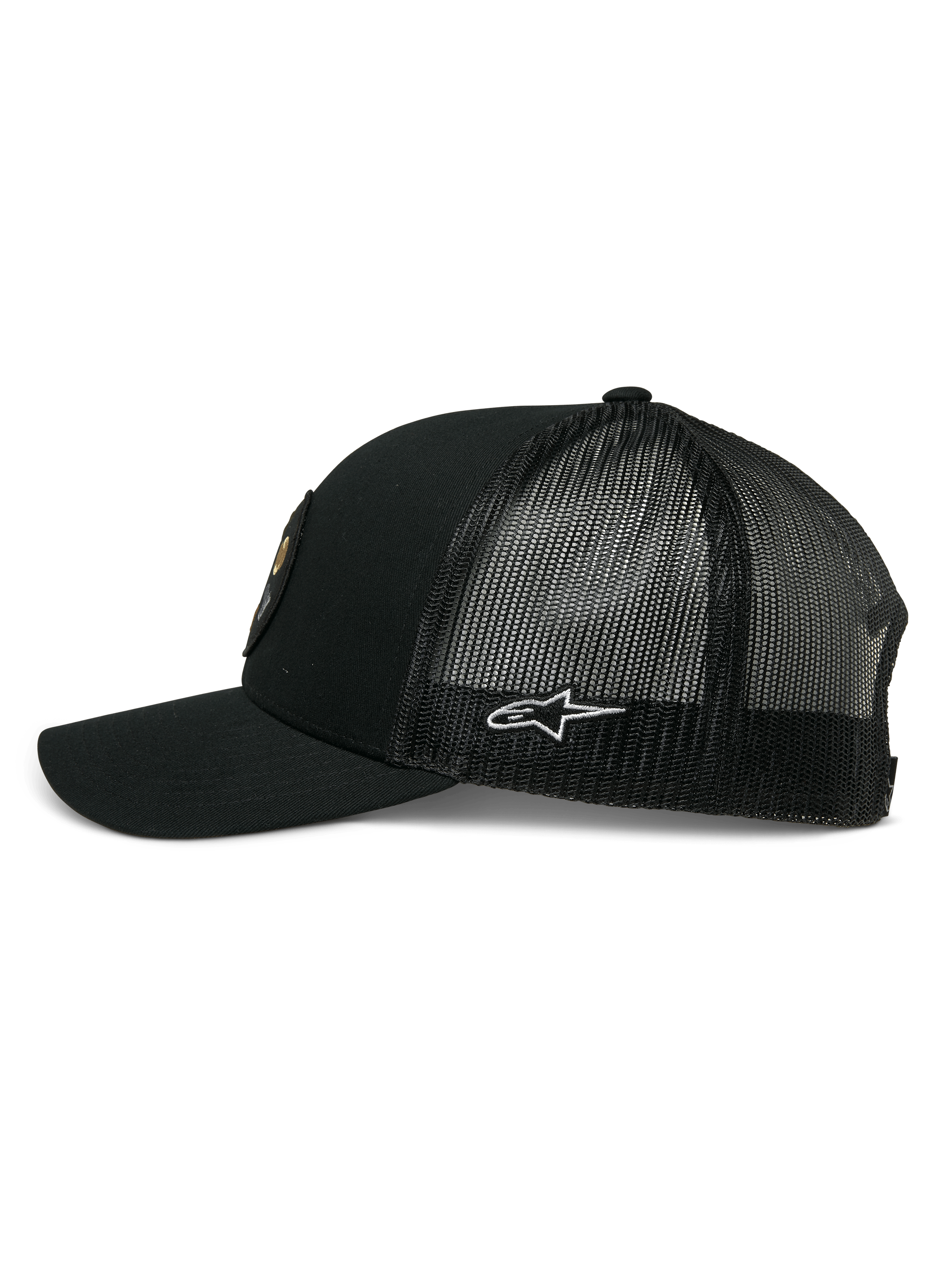 Alpinestars Gambit Trucker Hat, Black, side view showing curved bill and mesh back, white Alpinestars star logo on the side, casual motorsport-inspired headwear
