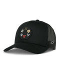 Alpinestars Gambit Trucker Hat, Black, featuring a circular front patch with colorful embroidered letters, breathable mesh back panels, curved brim, and a small white side logo, casual motorsport lifestyle headwear