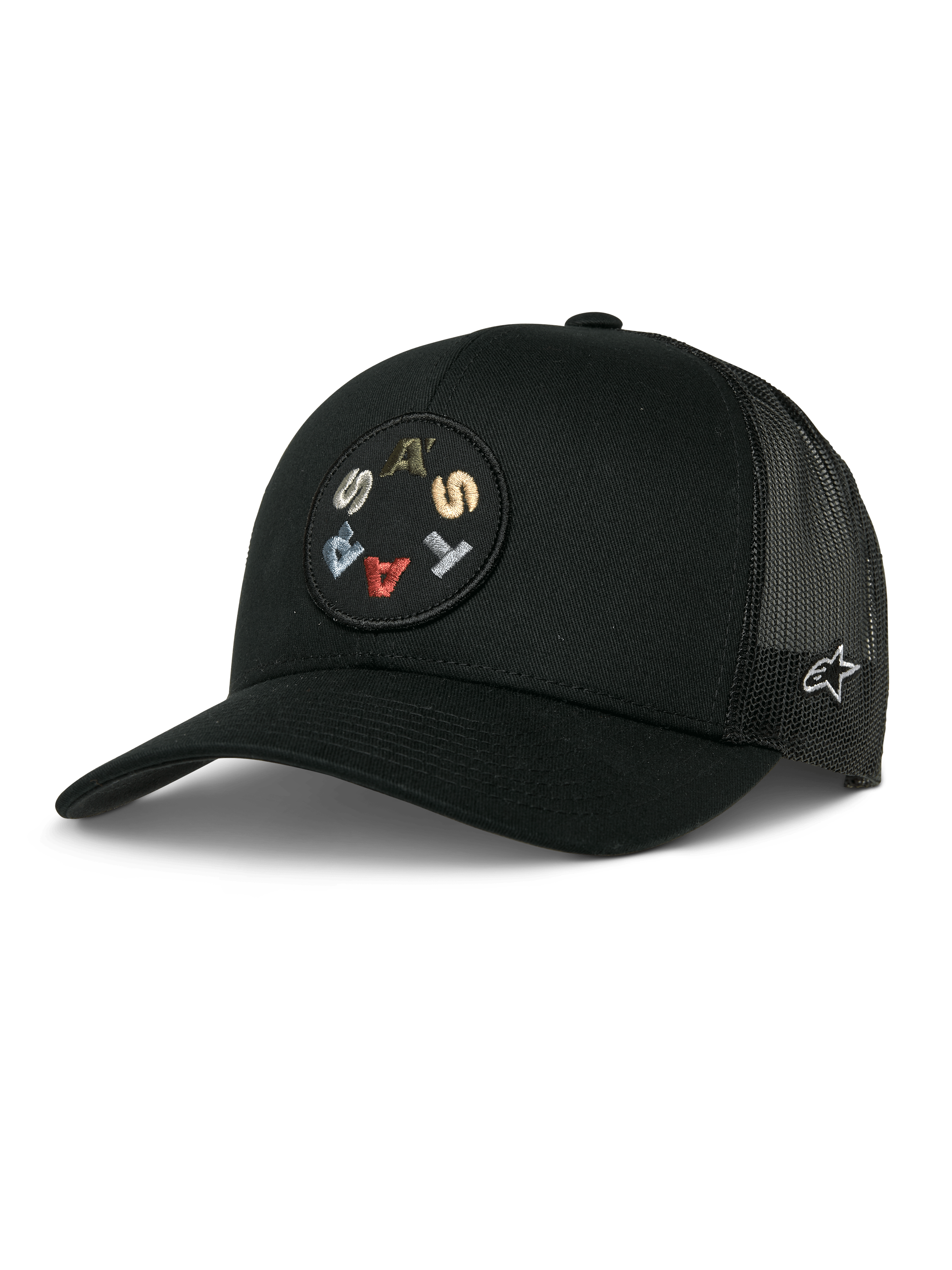 Alpinestars Gambit Trucker Hat, Black, featuring a circular front patch with colorful embroidered letters, breathable mesh back panels, curved brim, and a small white side logo, casual motorsport lifestyle headwear