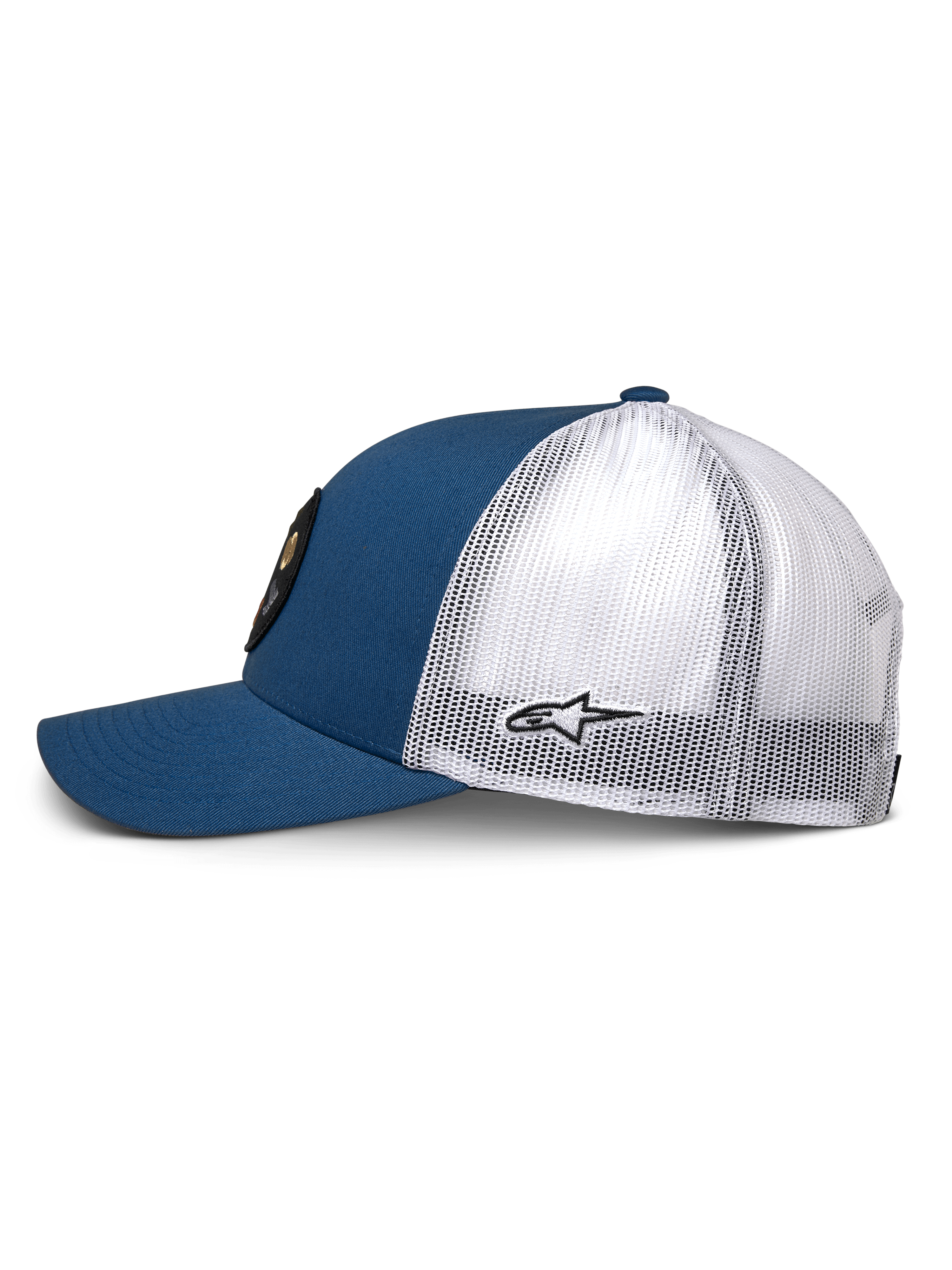 Alpinestars Gambit Trucker Hat, Blue and White, side view featuring blue twill front and bill with white poly mesh back, small black Astar logo on side, structured crown