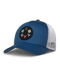 Alpinestars Gambit Trucker Hat, Blue with White Mesh Back, Circular Black Patch with Colorful 'ASTARS' Lettering, Curved Brim, Structured Crown, Casual Motorsport Headwear