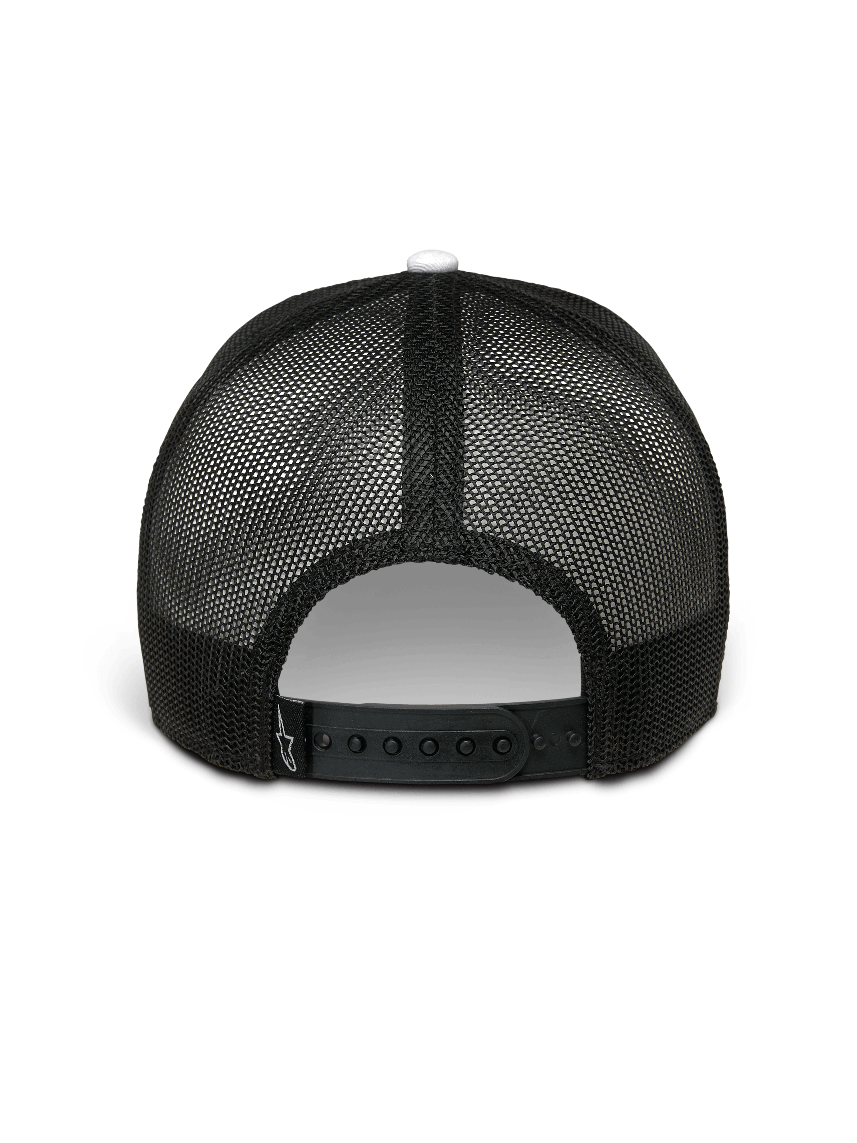 Alpinestars Hardware Trucker Hat, White and Black, Rear View, black poly mesh back with adjustable snapback closure, featuring a small white Alpinestars logo on the strap, casual motorsport streetwear