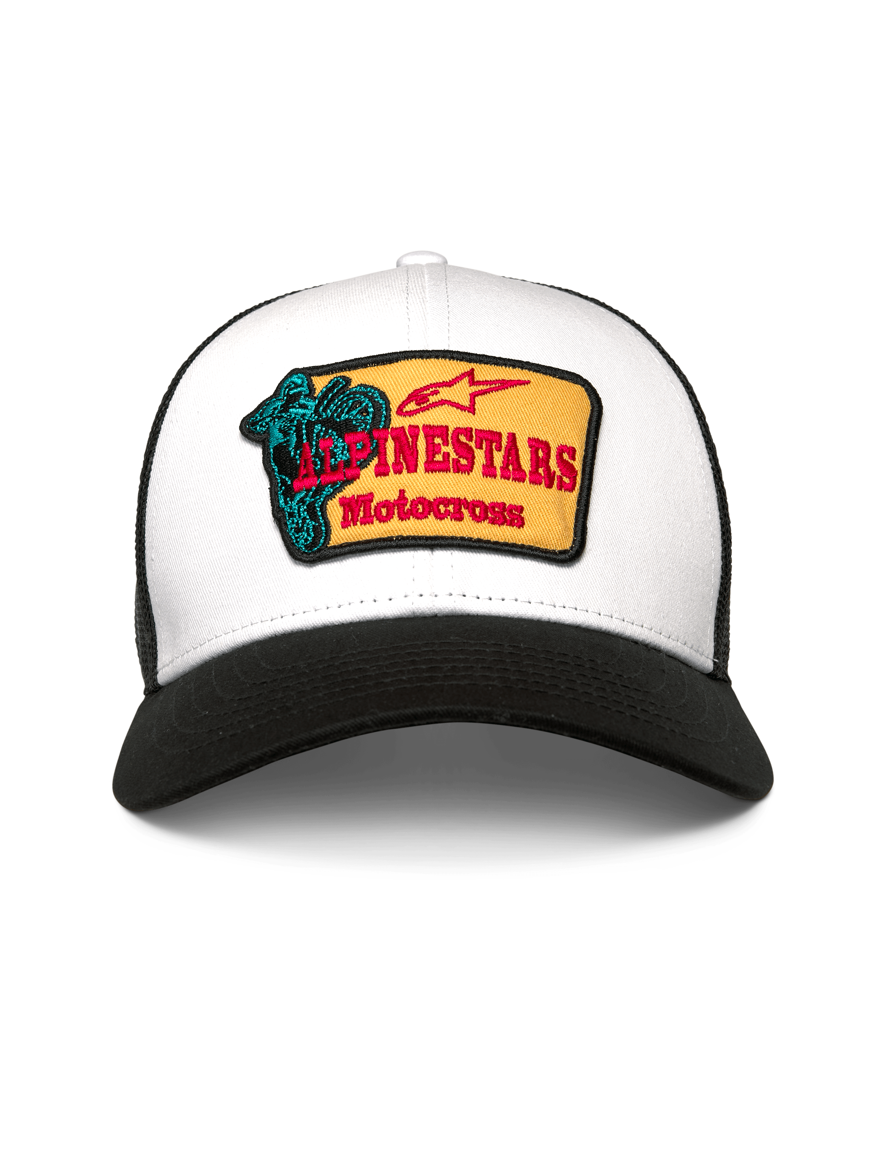 Alpinestars Hardware Trucker Hat, Trucker Cap, White and Black, featuring a yellow embroidered patch with red Alpinestars Motocross text and a teal graphic, curved bill and breathable mesh back, casual motorsport-inspired headwear