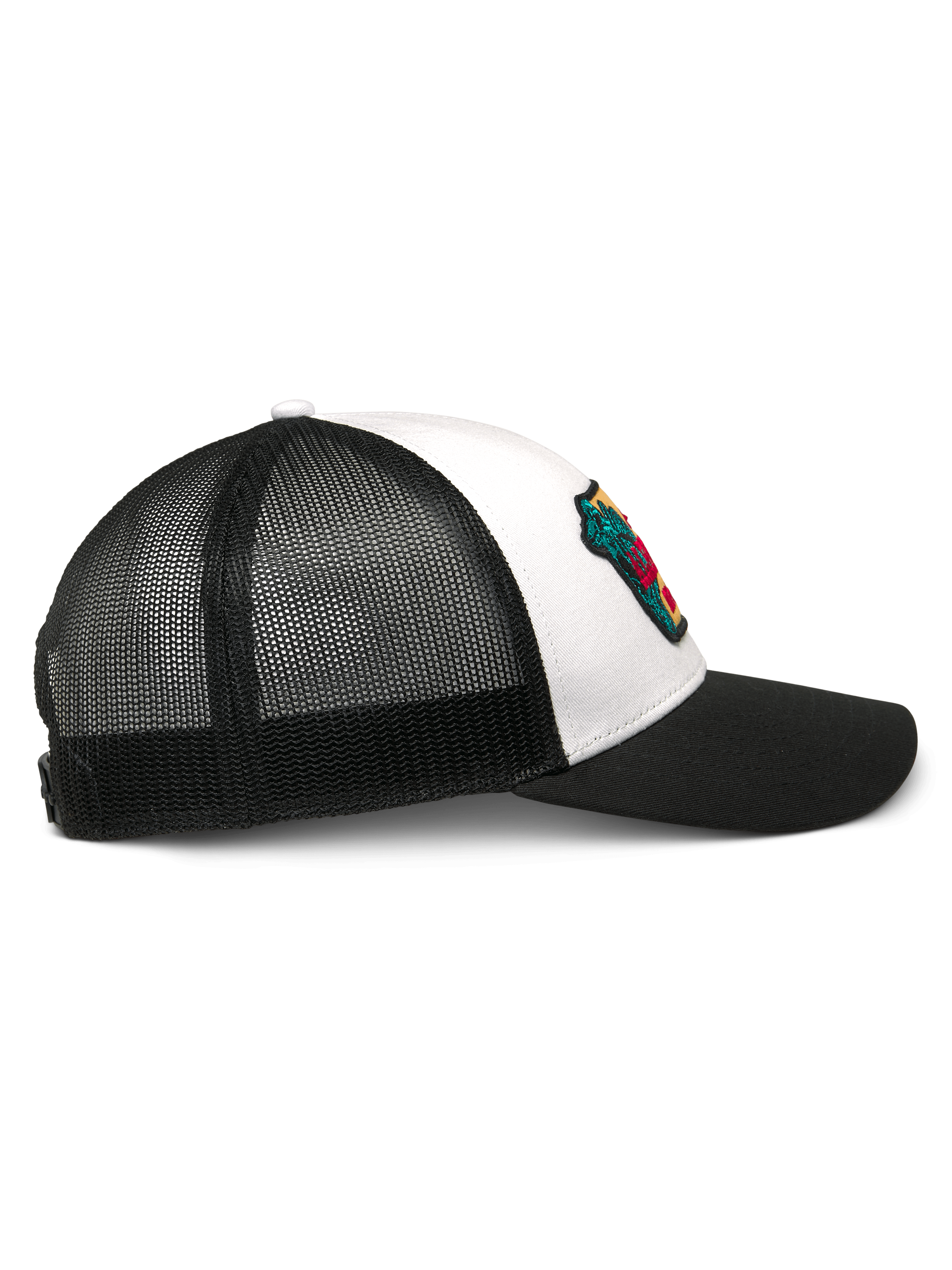 Alpinestars Hardware Trucker Hat, White and Black, side profile view, featuring a curved black bill, white twill front panel with a colorful embroidered patch, and breathable black mesh back, casual motorsport headwear