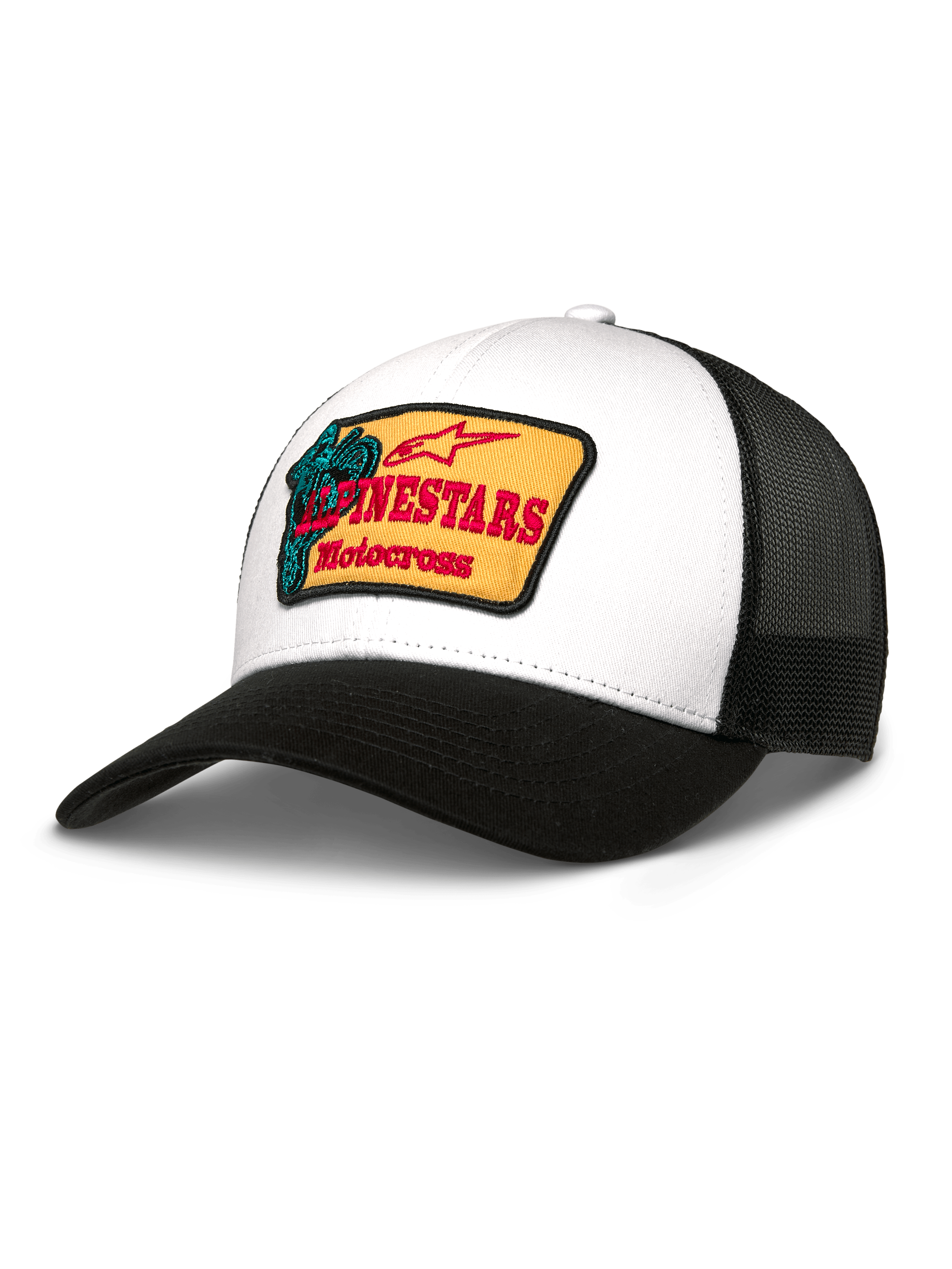 Alpinestars Hardware Trucker Hat, White Twill Front and Black Mesh Back, Yellow Embroidered Patch with Red Branding and Teal Motocross Graphic, Curved Black Bill, Casual Sportswear