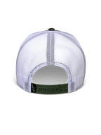 Alpinestars Hardware Trucker Hat in Military White, back view featuring white mesh panels and olive green snapback closure, small black A-star logo label, casual motorsport-inspired headwear