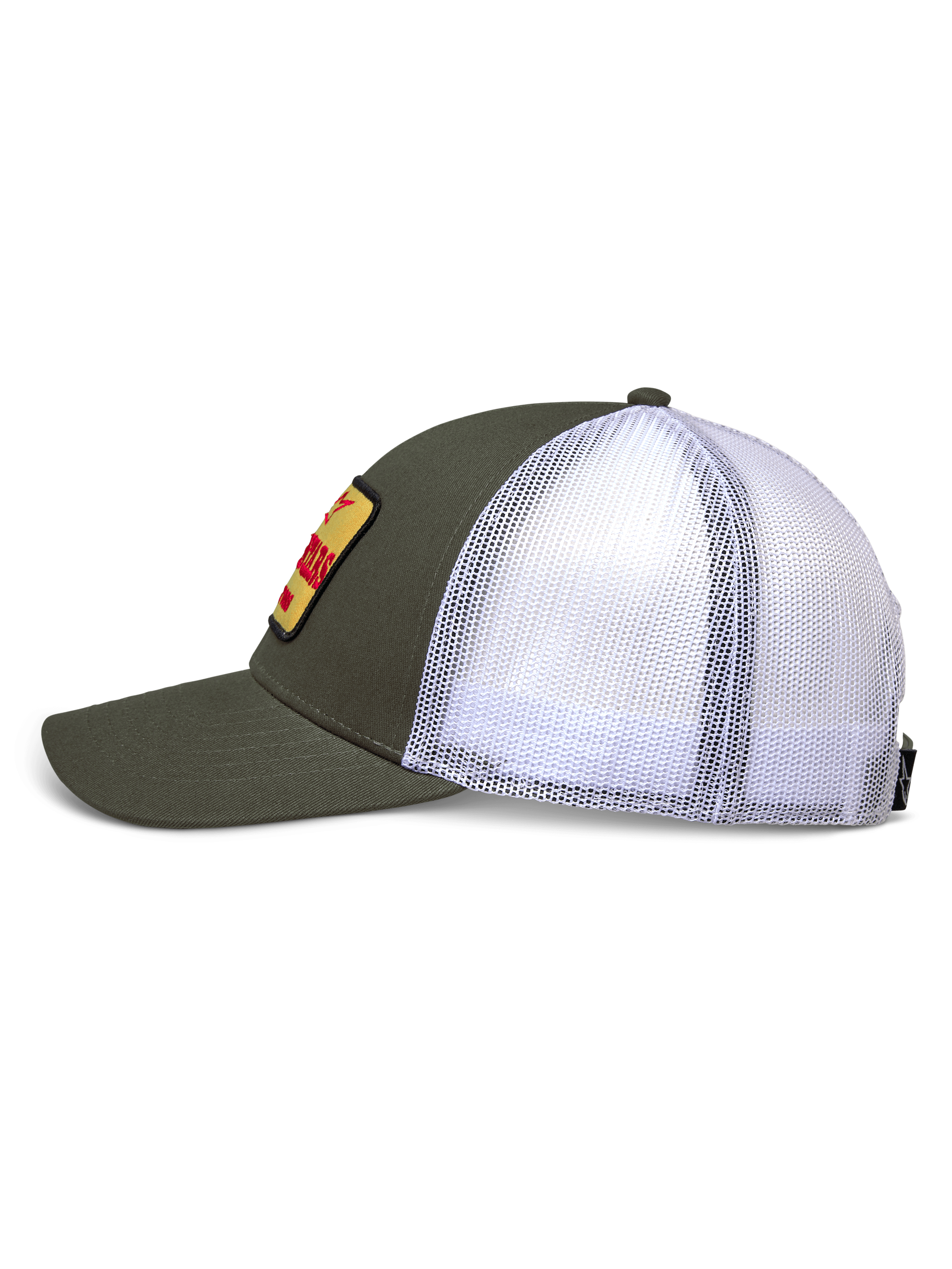 Alpinestars Hardware Trucker Hat, Side View, Military Green Twill Front and White Mesh Back, Yellow Embroidered Patch with Red Branding, Structured Crown with Curved Bill, Casual Motorsport Sportswear